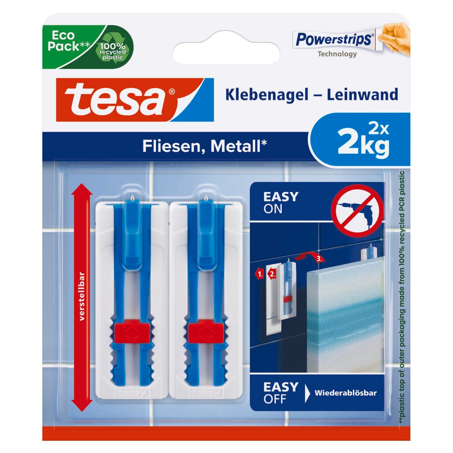 tesa Klebehaken tesa Klebenagel für Leinwand Fliesen & Metall (verstellbar, 2kg), Dekoration, Leinwände, Bilder, Girlanden, Lichterketten, (Packung, 2-St., 2 Stück), Klebenagel 1 kg, Leinwand Fliesen & Metall, 2er-Pack