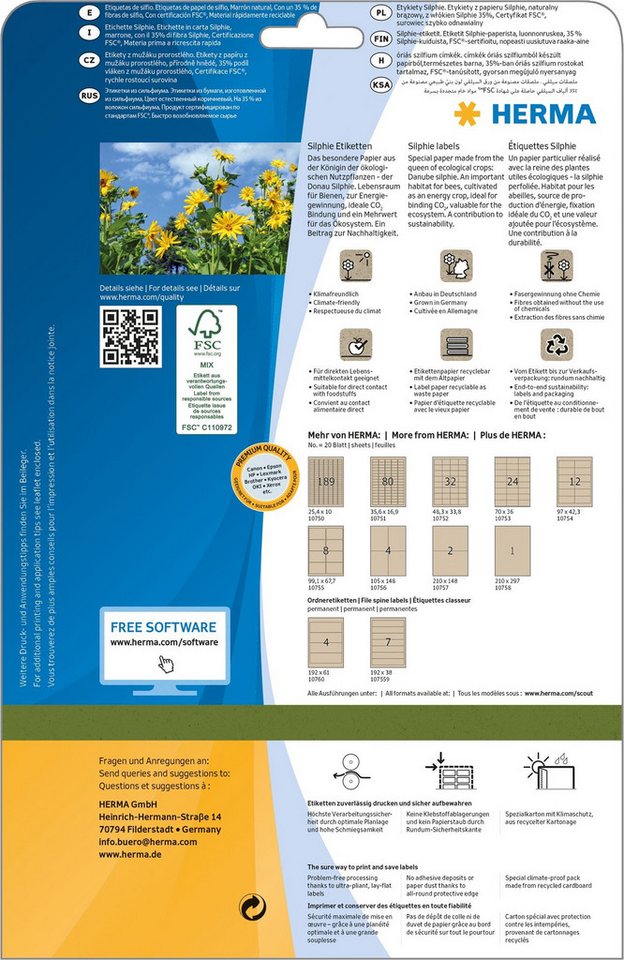 Thumbnail - HERMA Etiketten Etiketten Silphie-Papier A4 99,1x67,7mm naturbraun VE=20 Blatt/160 St.