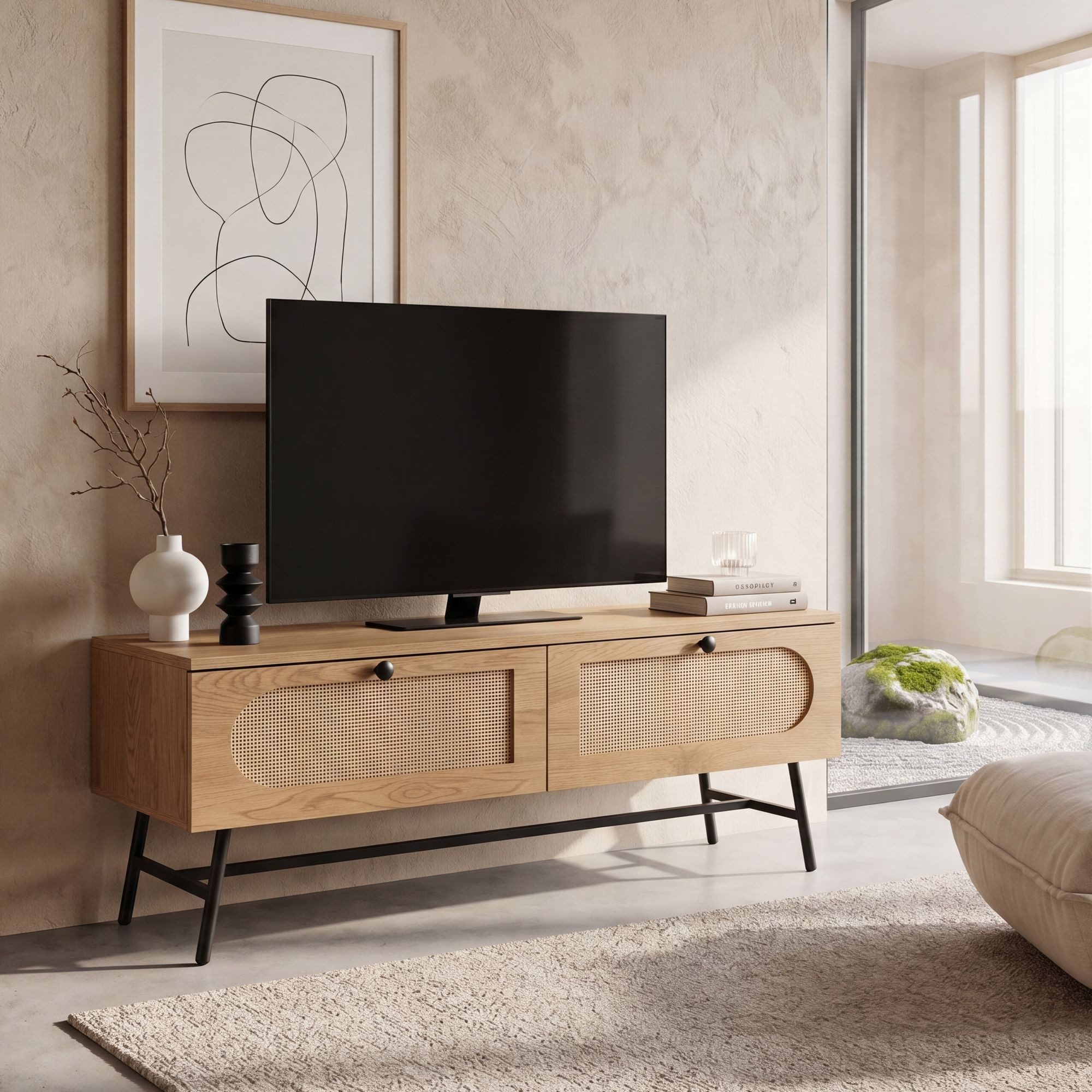 FINEBUY Lowboard FB104346 TV-Board 100cm MDF Eiche Dekor 2 Schubladen Wiener Geflecht (Eiche Dekor 100 cm, Schublade Stauraum Geflecht), TV-Kommode Hoch, TV-Schrank Modern Fernsehtisch