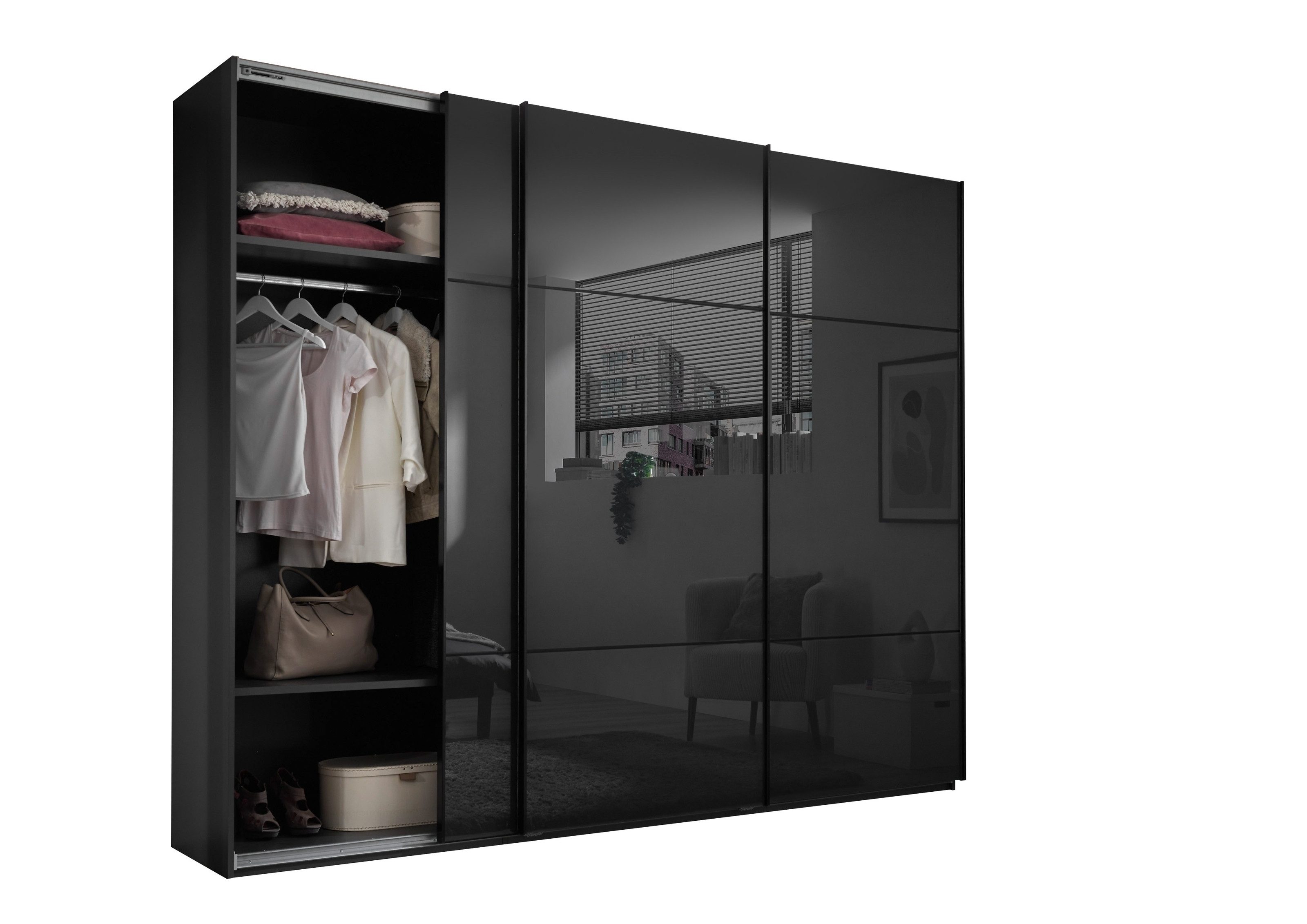 Schlafkontor Schwebetürenschrank in Schwarz, Melamin + Glas - 270x225x62cm (BxHxT)