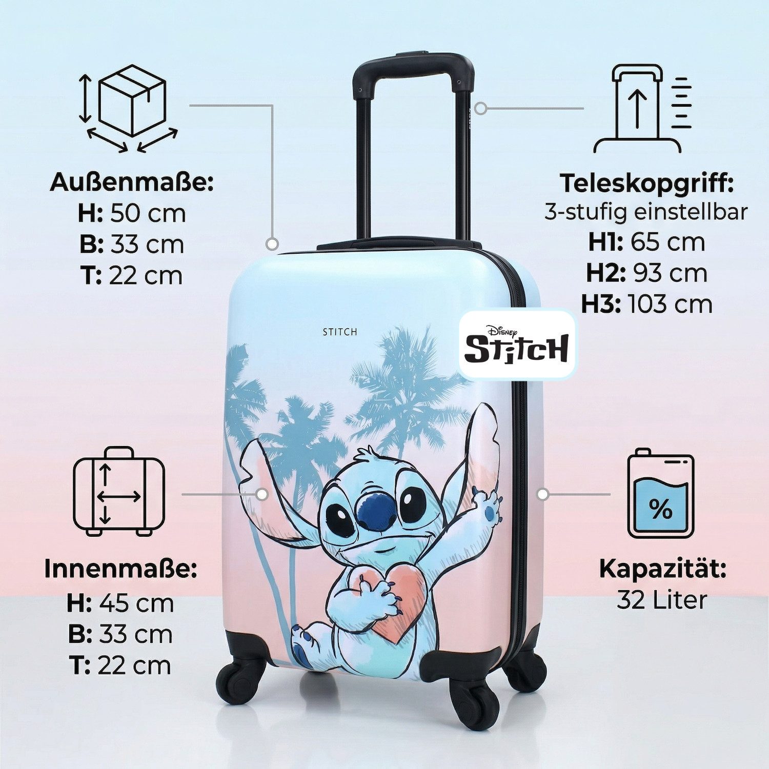 Disney Kinderkoffer Stitch Trolley Koffer Kindertrolley Handgepäck Trolly Reisegepäck 32 L, Für Kinder ab 4 Jahre und auch für Jugendliche