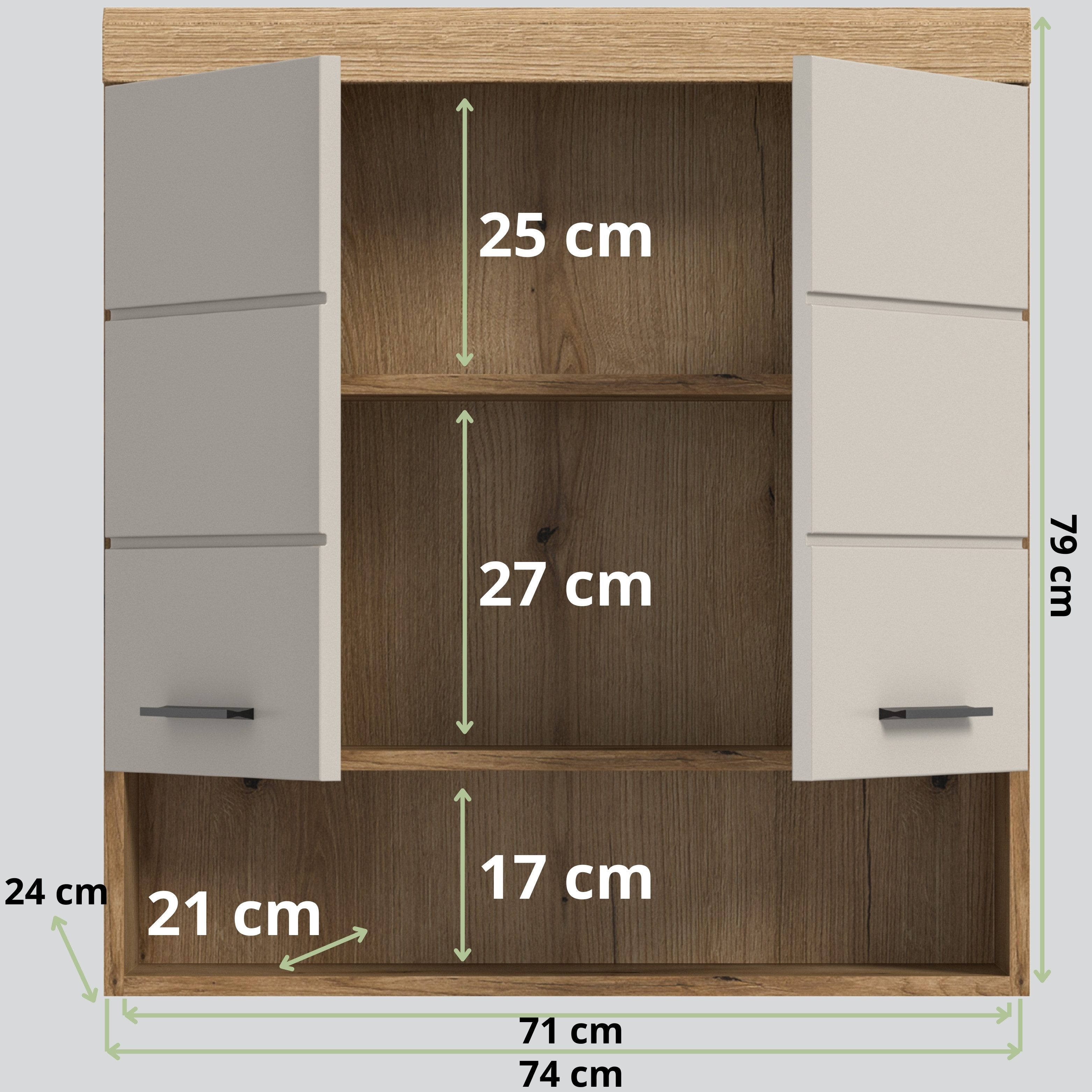 furnling Hängeschrank Scott 2 Türen, 1 offenes Fach, Stauraum, Badmöbel, Badschrank, 74 cm breit