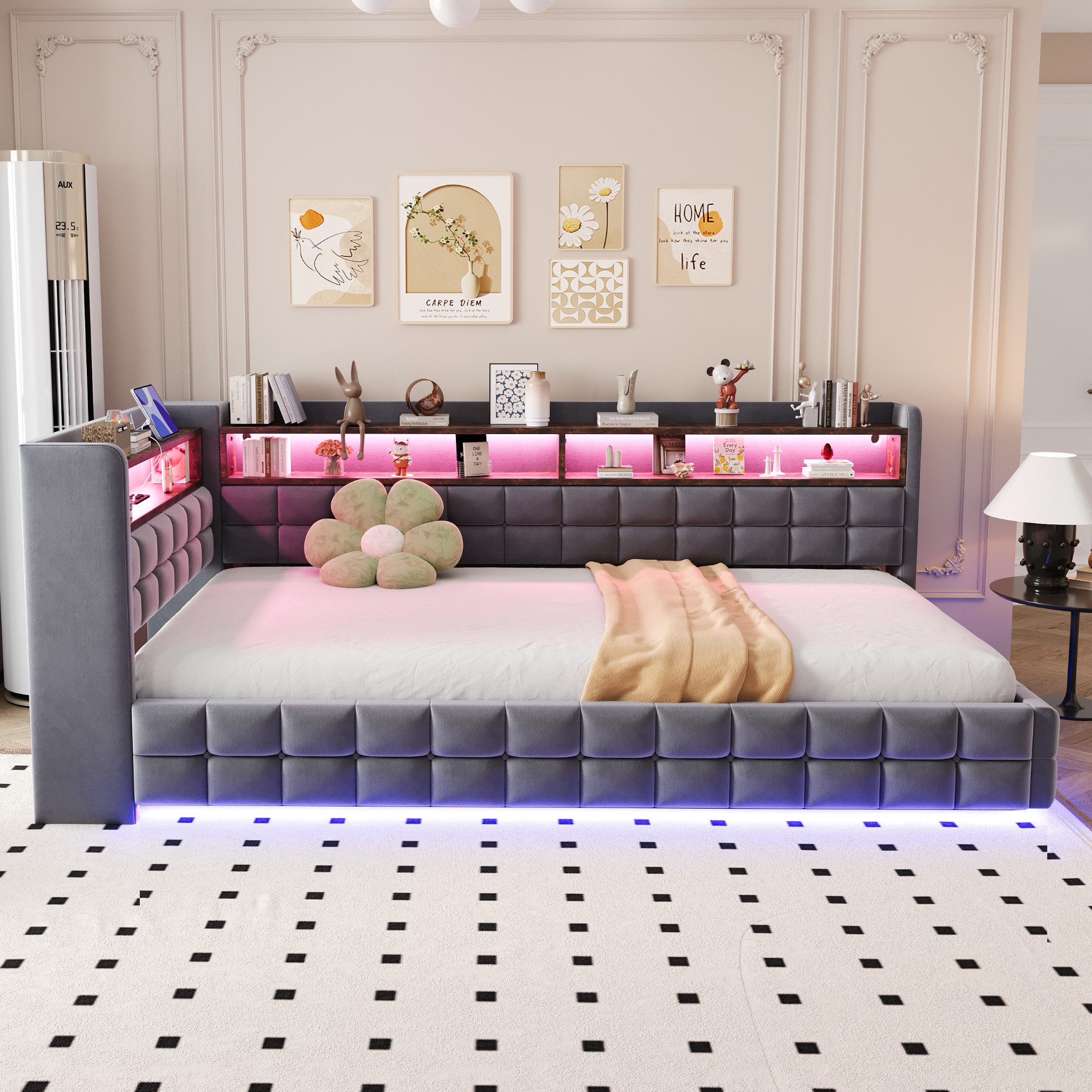 Merax Daybett mit LED-Beleuchtung und USB-Ladeanschlüssen (Jugendbett Kinderbett Einzelbett Sofabett aus Samtstoff, 1 tlg), Polsterbett Tagesbett 90x200cm mit hydraulischem Stauraum & Staufächer