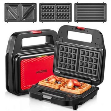 aicook 3-in-1-Sandwichmaker, 750 W, Waffeleisen 3 in 1, Sandwichmaker mit 3 abnehmbaren Antihaftplatten