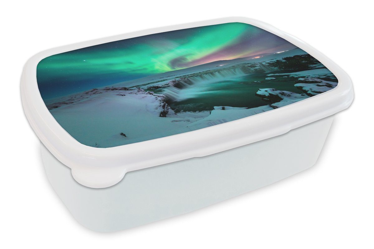 MuchoWow Lunchbox Nordlichter - Schnee - Natur - Island, Kunststoff, (2-tlg), Brotbox für Kinder und Erwachsene, Brotdose, für Jungs und Mädchen weiß