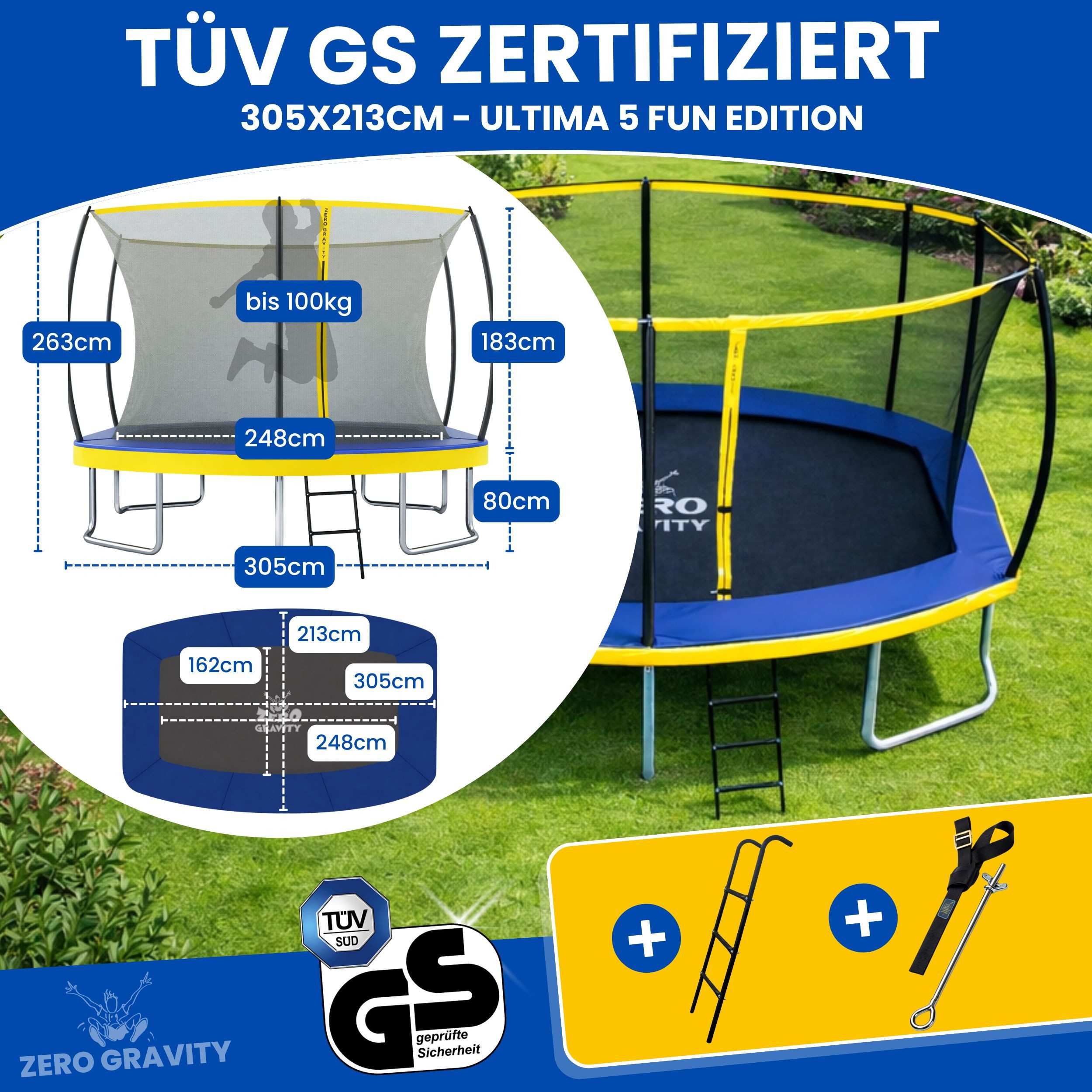 Zero Gravity Gartentrampolin 305x213/366x244/457x366 cm, Ovales Trampolin inkl. Leiter, Ø 305 cm, Trampolin Outdoor Komplett-Set, TÜV GS, Smarter & schneller Netzabbau
