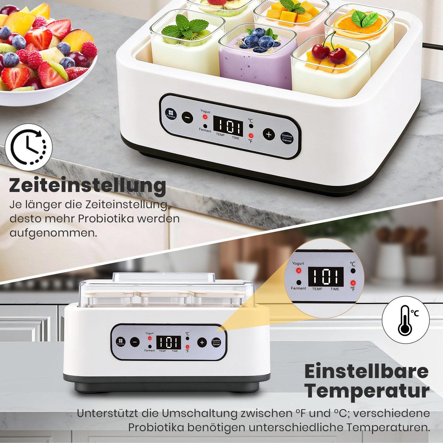 CkeyiN Pro Joghurtbereiter mit Temperatur und Timer, Becher aus hochwertigem Borosilikatglas, je 250 ml, für bis 1,5L,Hochtemperaturbeständig,LCD Display