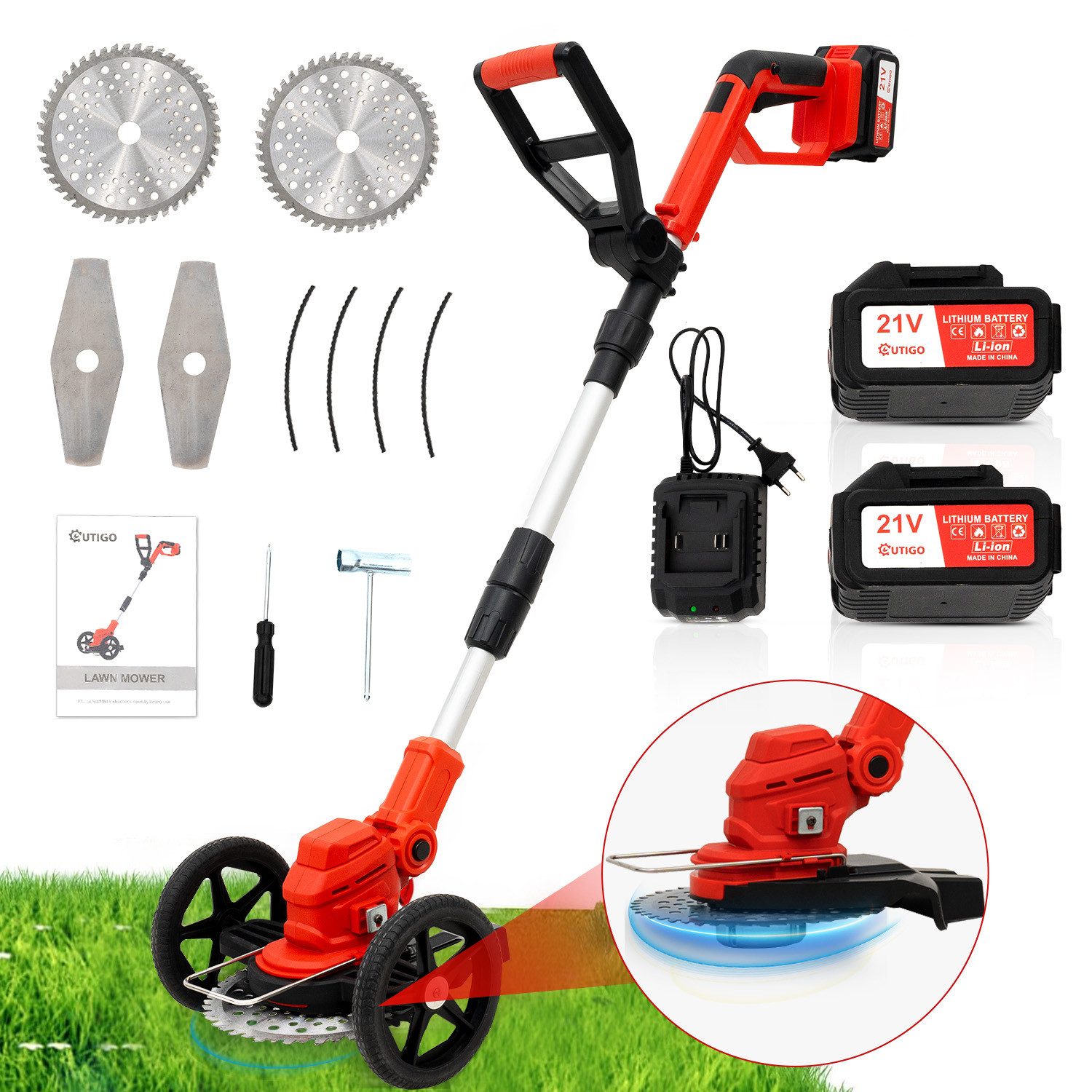 OUTIGO Akku-Rasentrimmer Wiederaufladbarer Akku-Rasentrimmer mit 2* 4000mAh, Rädern, 25 cm Schnittbreite, (2×4Ah Akku), 3 Arten Klingen, Teleskop-Stiel