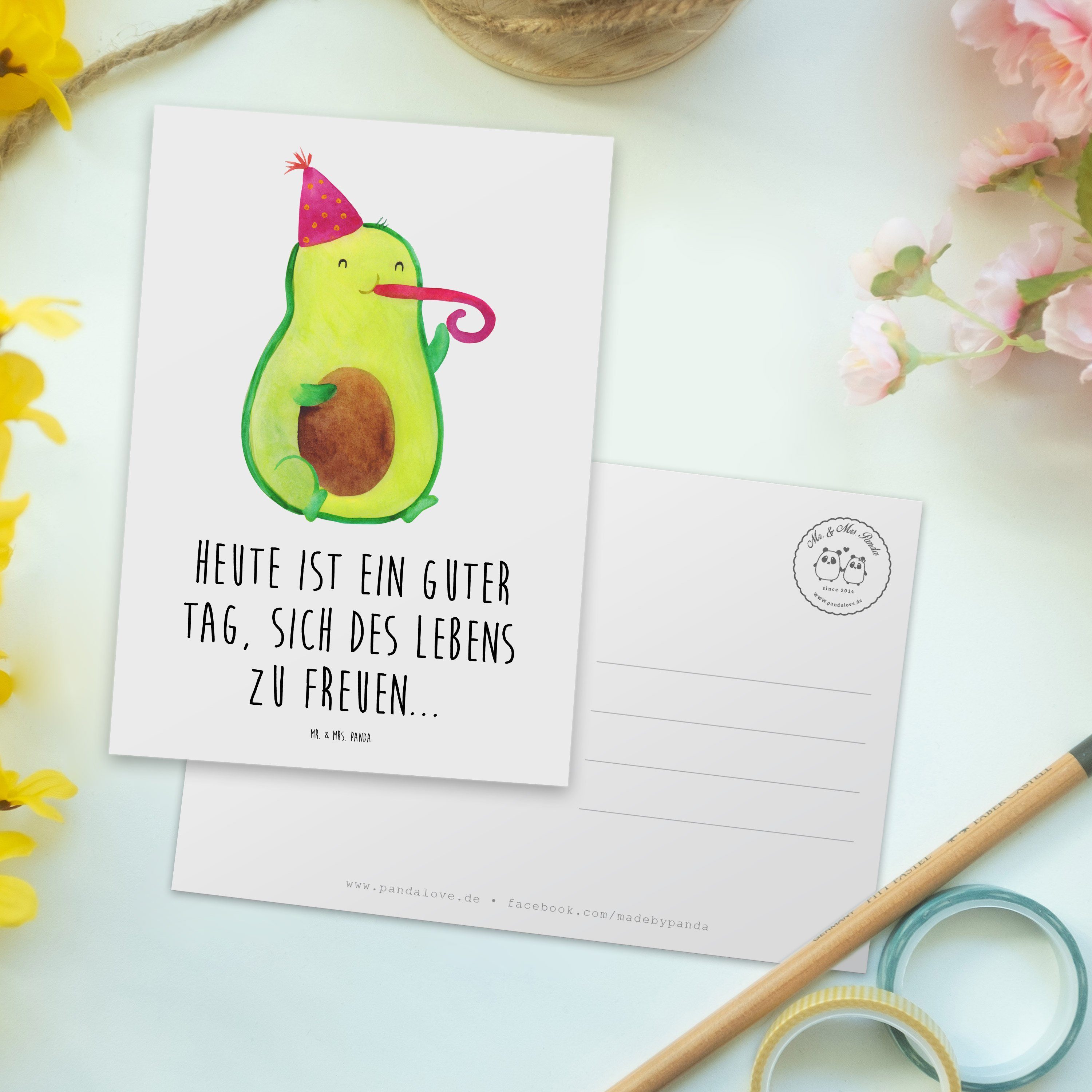 Mr. & Mrs. Panda Postkarte Einla Weiß - Geschenk, Avocado Gesund, Veggie, - Grußkarte, Partyhupe