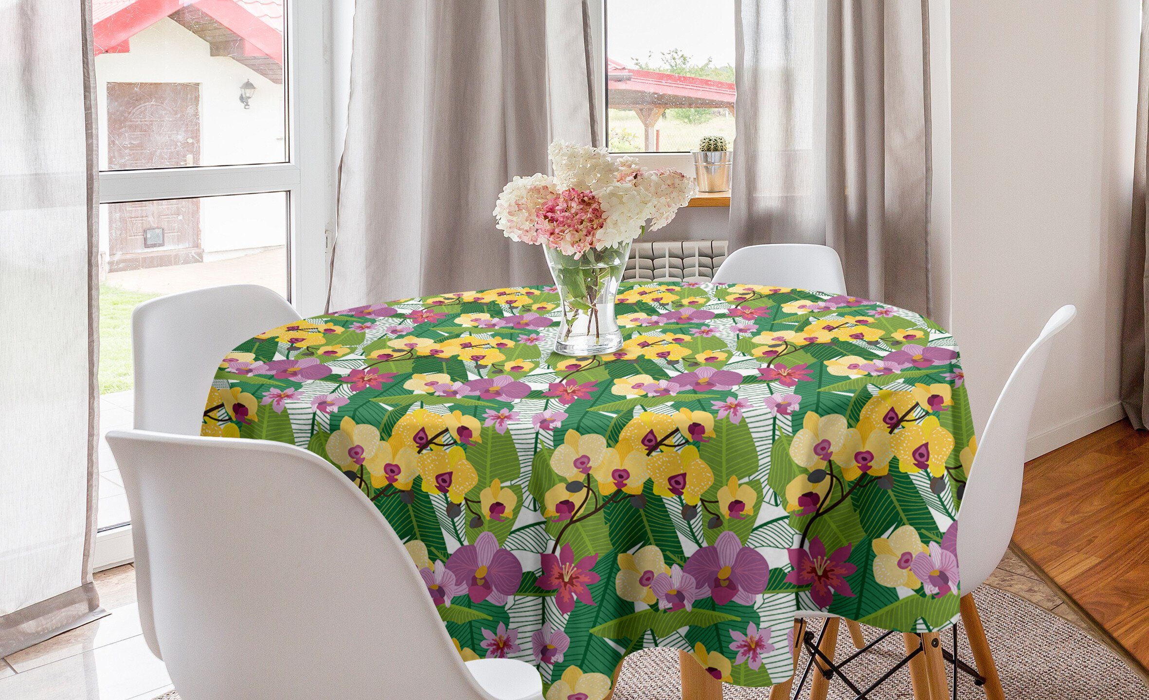 Abakuhaus Tischdecke Kreis Tischdecke Abdeckung Hawaiische tropische Esszimmer Aloha Blumenblatt Dekoration, Küche für
