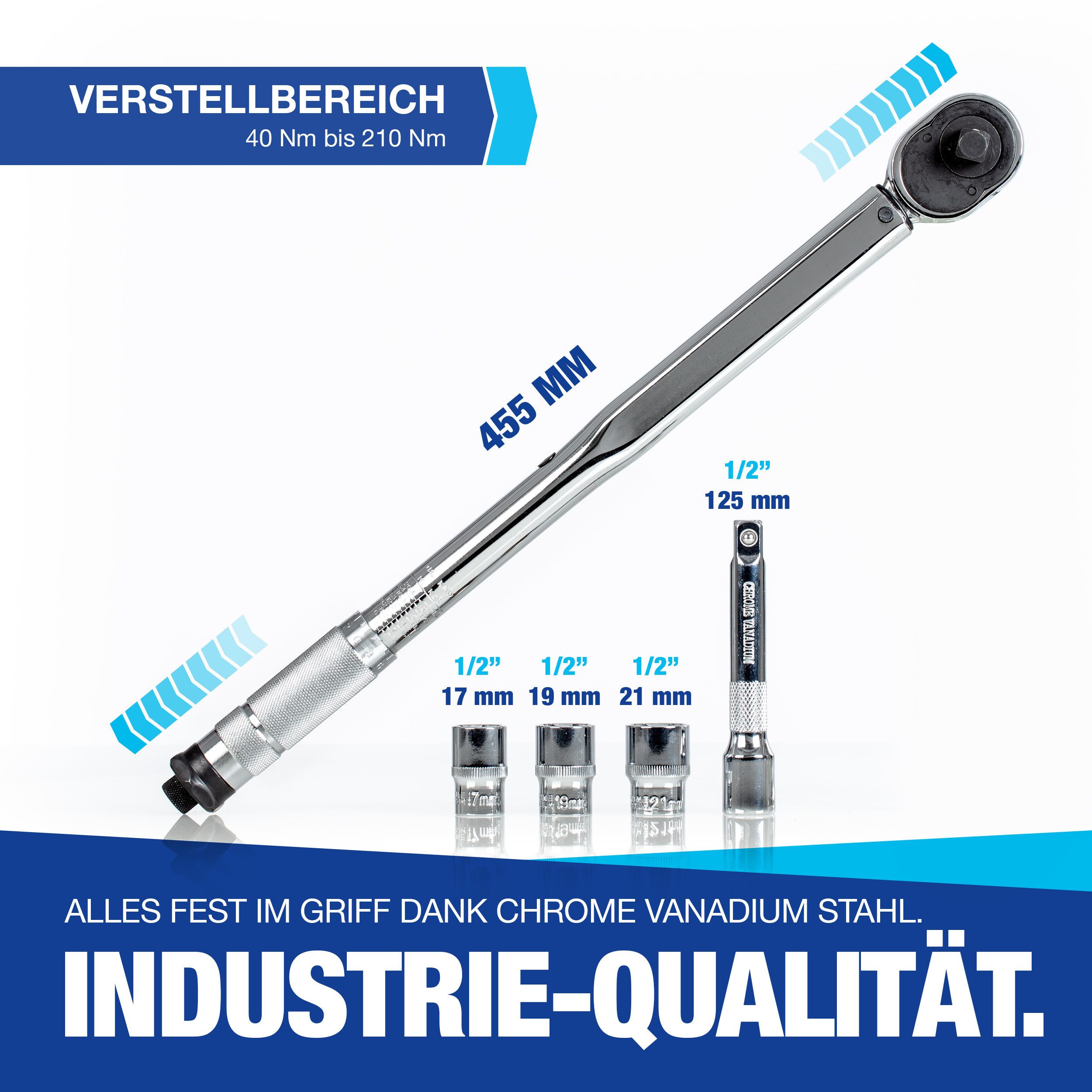 NTG Nutzfahrzeug Technik GmbH Drehmomentschlüssel 1/2 Zoll 40-210 Nm + Verlängerung inkl. Koffer + 17 19 21 mm Nüsse