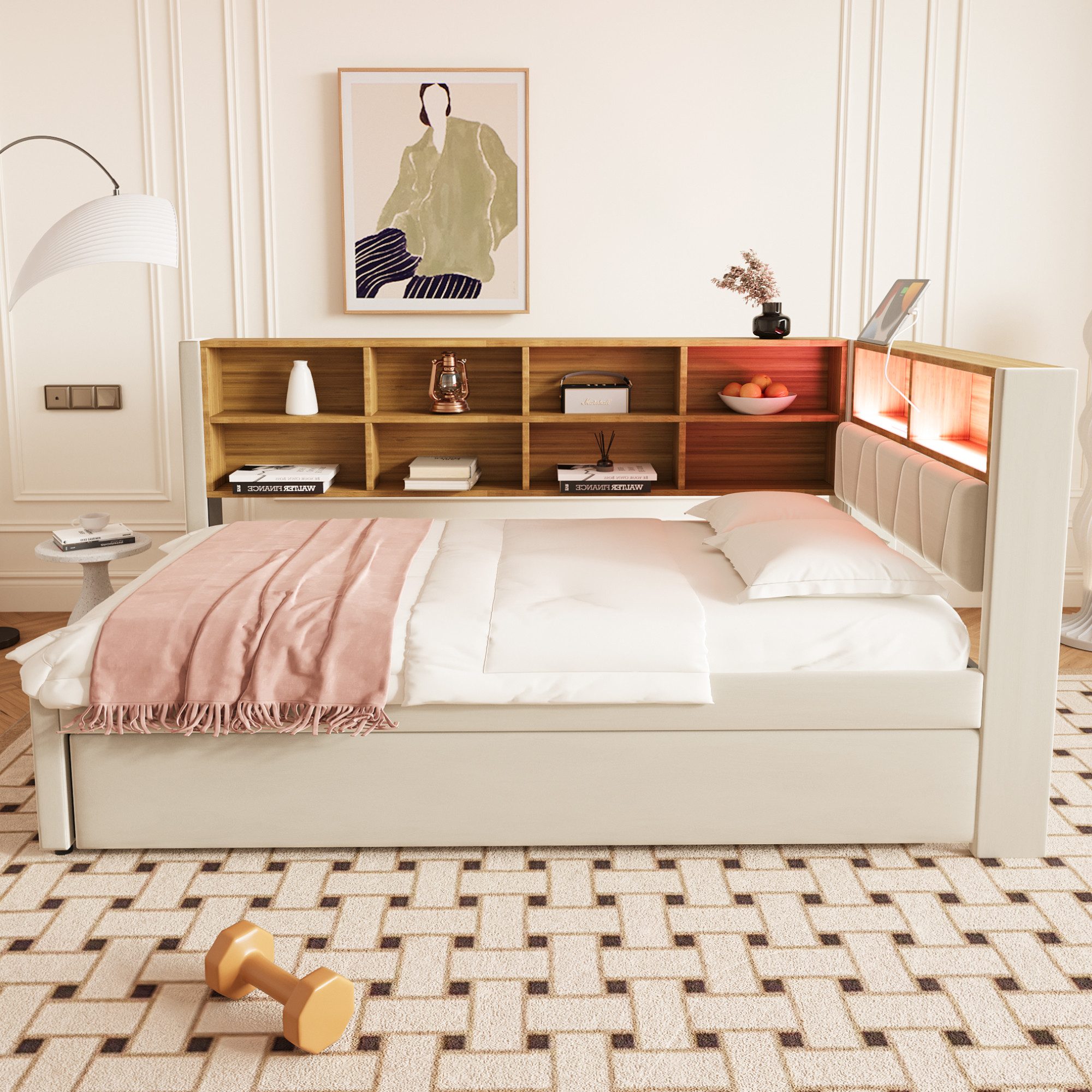 Flieks Daybett, Kinderbett Polsterbett 90x200cm mit LED Steckdose Ausziehbe günstig online kaufen