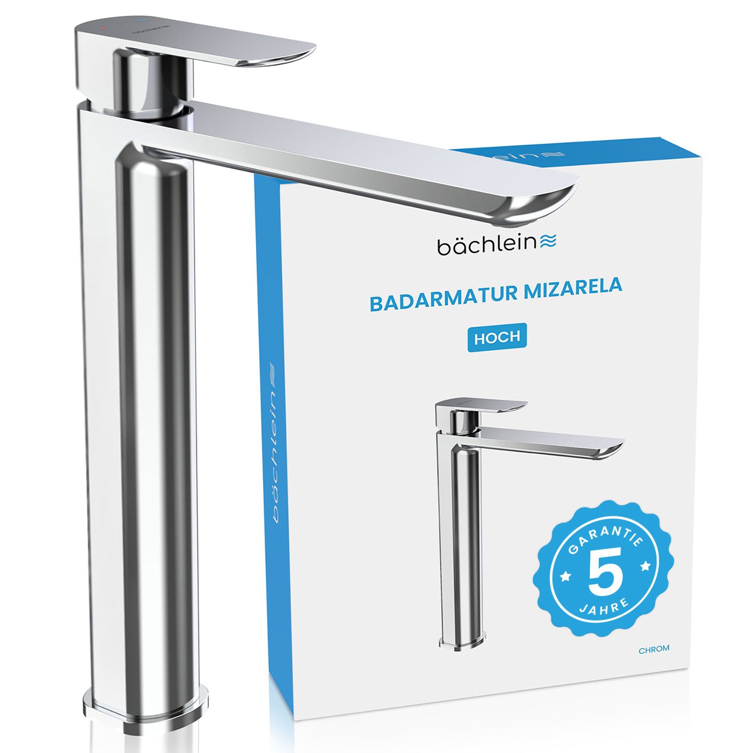 Bächlein Badarmatur Mizarela hoch - klassisches Design - ideal für Aufsatzwaschbecken hochwertiger Wasserhahn im hohen klassischen Design