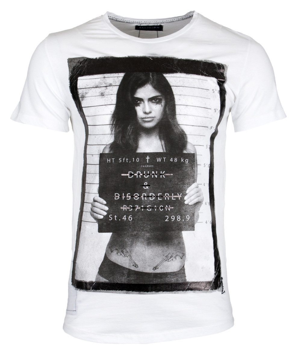 T-Shirt RELIGION Clothing Herren T-Shirt DRUNK AND DISORDERLY-Weiss-L