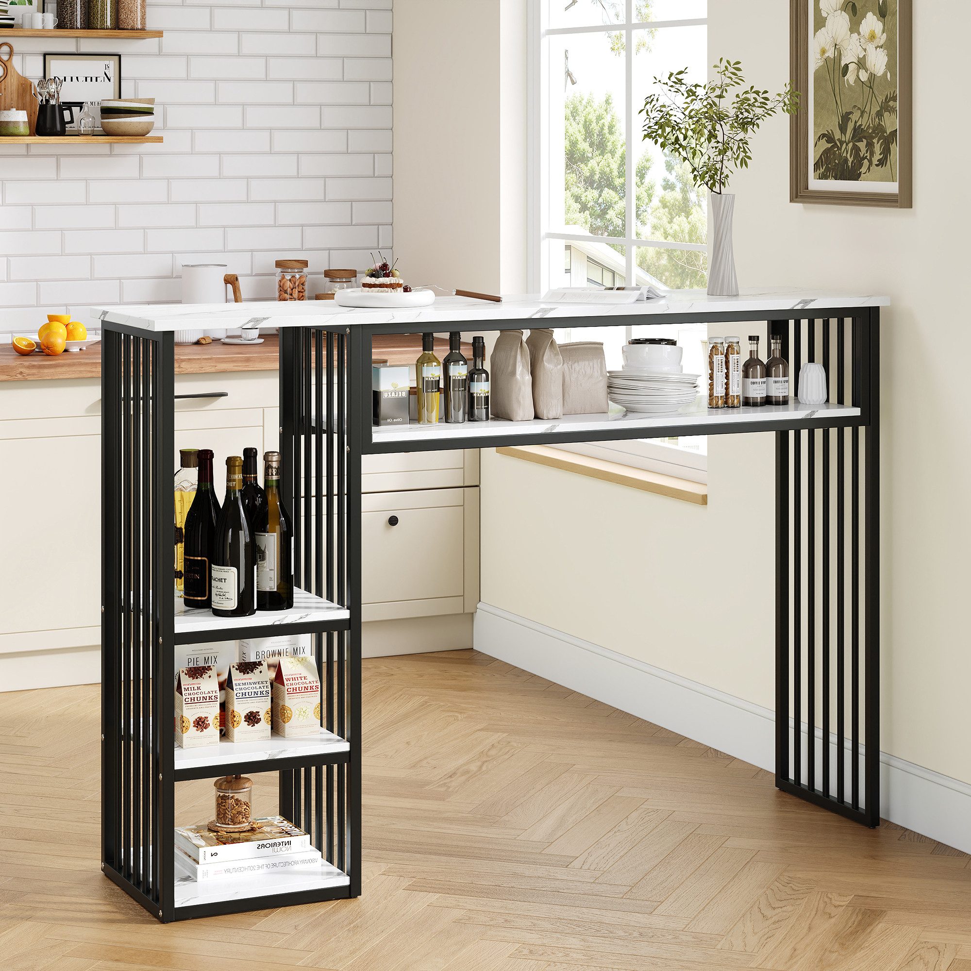 Bartisch Stehtisch mit Ablageflächen,Wohnzimmertisch mit Metallgestell,Schwarz