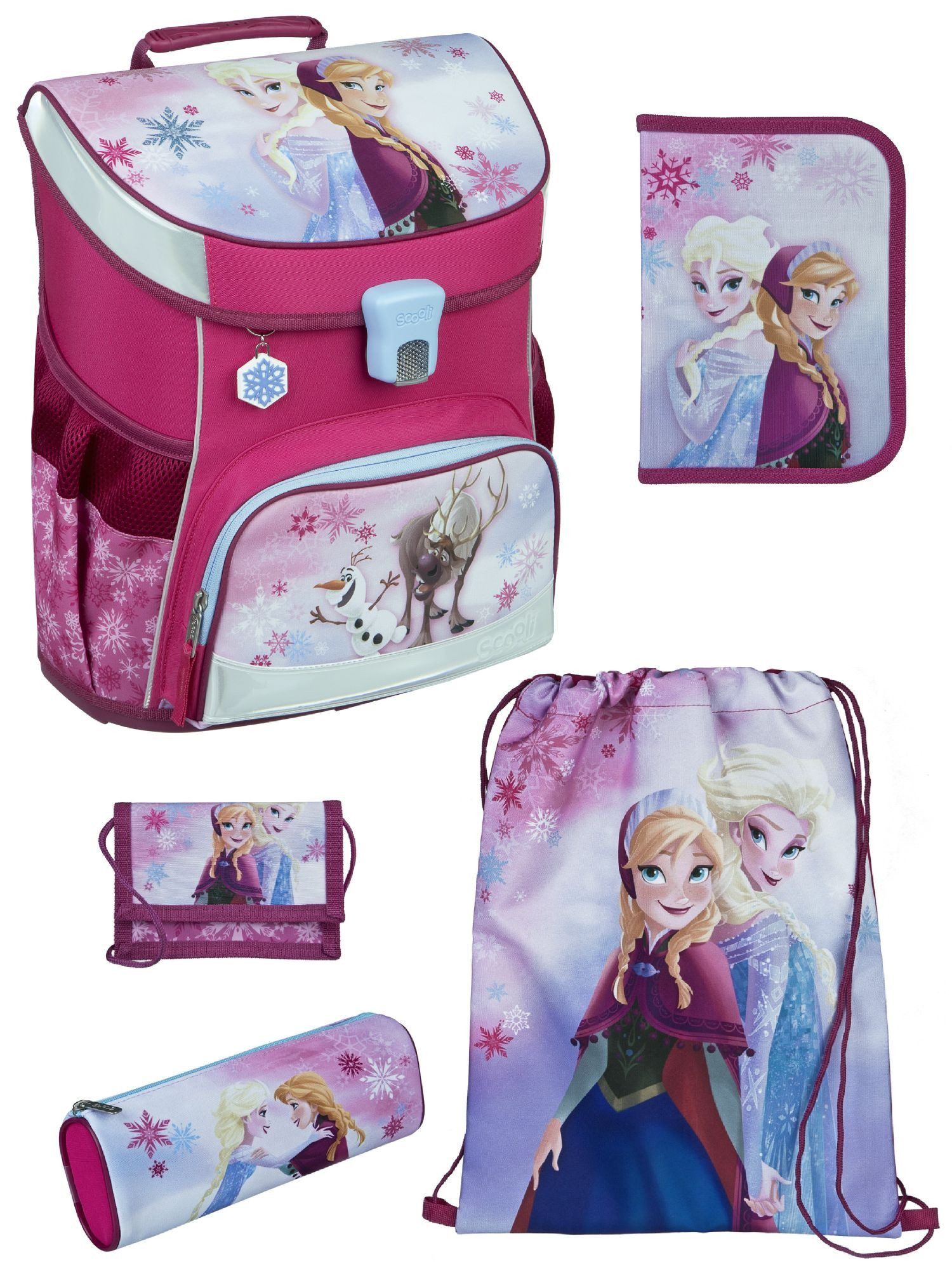 Scooli Schulranzen Campus Fit Frozen, Eiskönigin Rosa, Schultasche ab der 1. Klasse (Grund-Set, 5-tlg., mit gefüllter Federmappe, Turn- & Geldbeutel), mit Brustgurt, 980 Gramm leicht, 18L Volumen