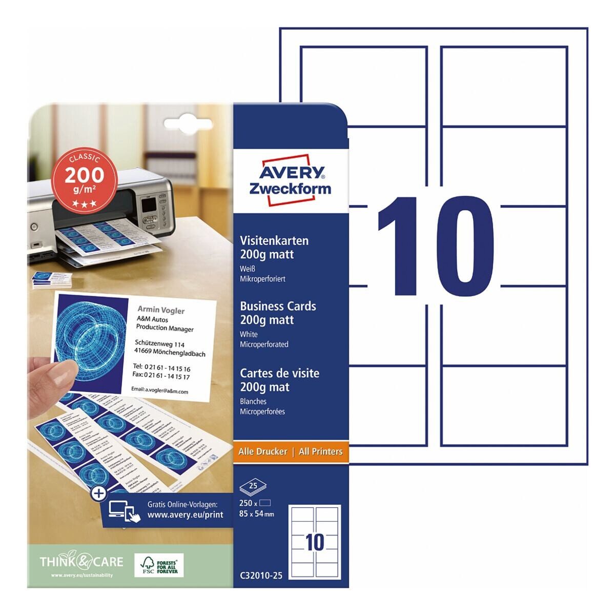 Avery Zweckform Visitenkarten, 25 Blatt = 250 Karten, blanko, weiß-matt