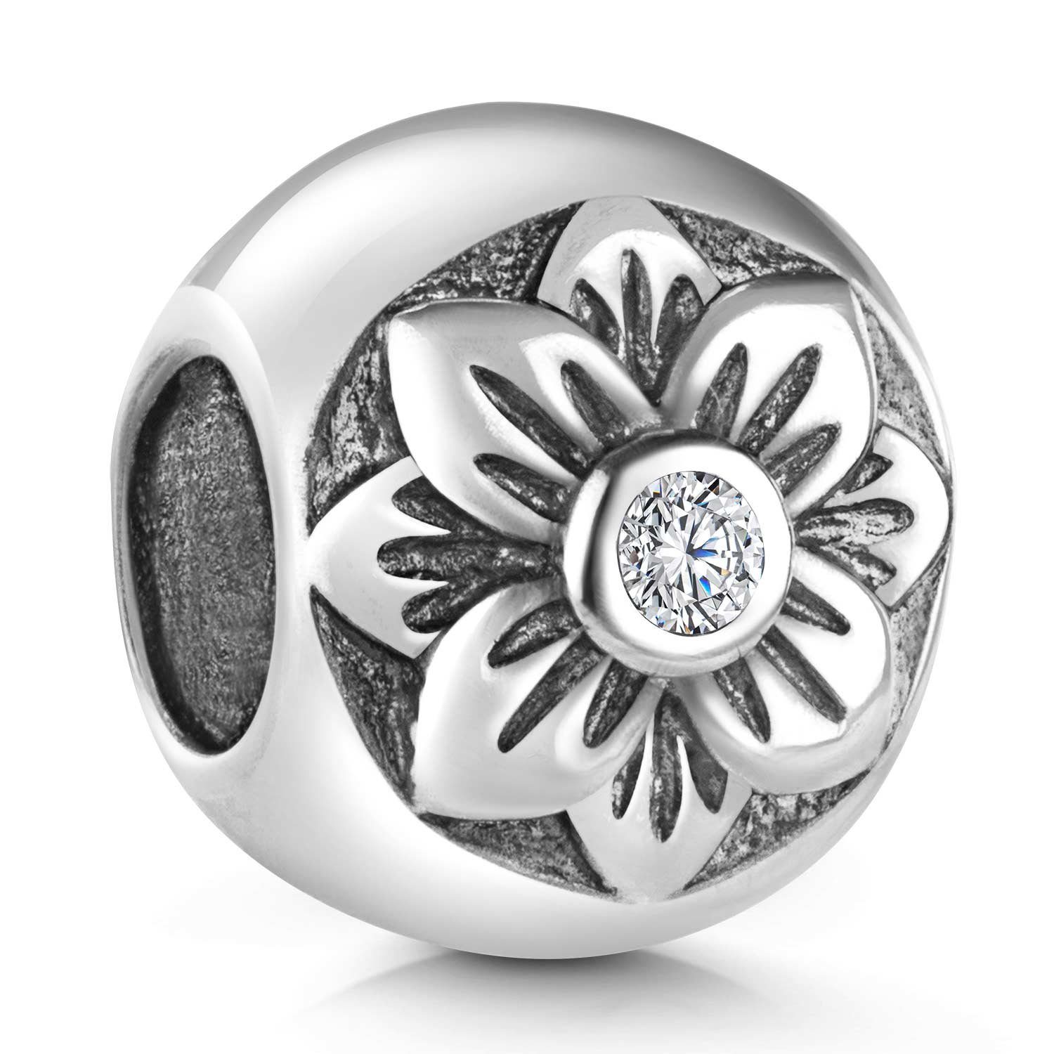 Materia Bead Blume Blüte mit Zirkonia weiß antik 882, 925 Sterling Silber, oxidiert