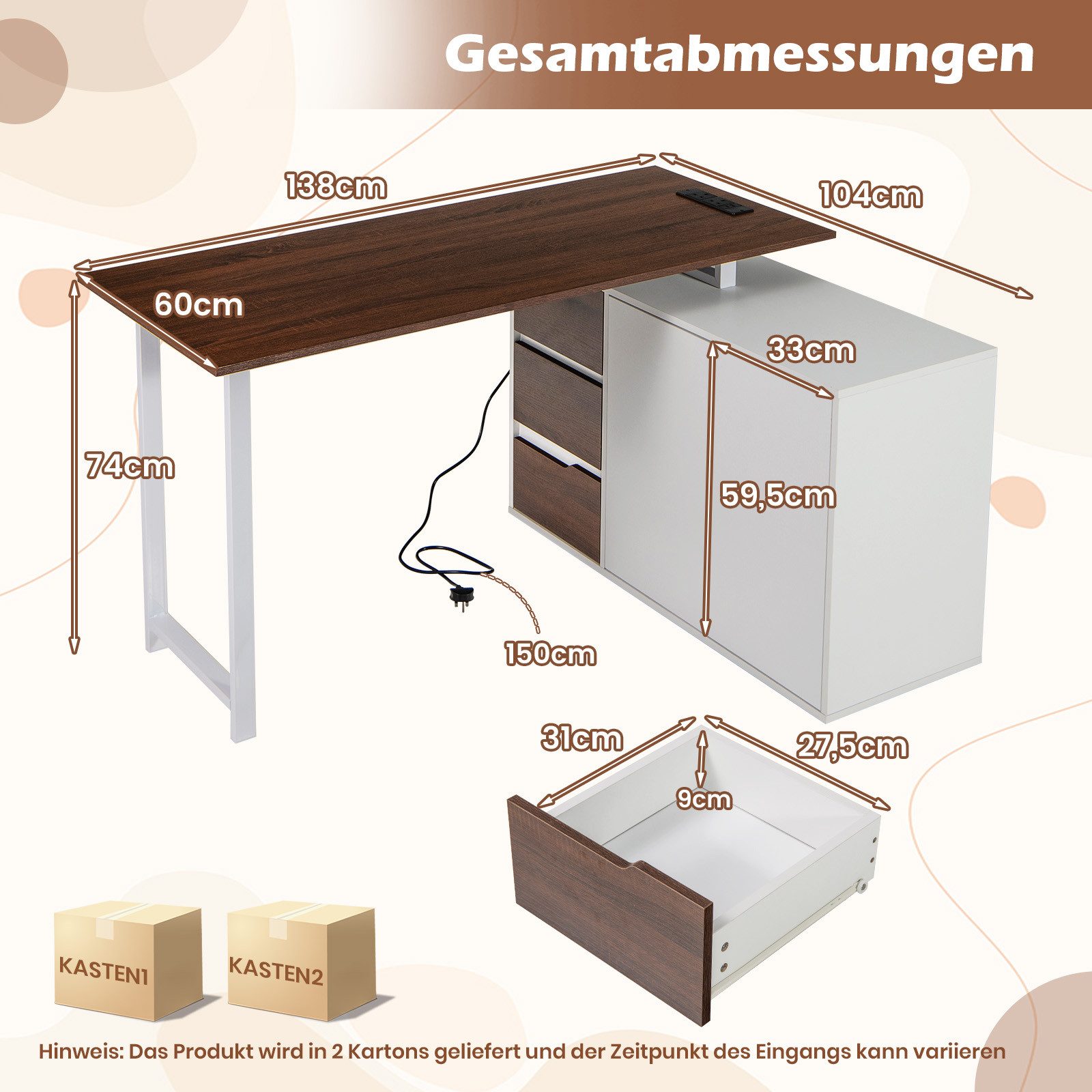 KOMFOTTEU Computertisch, Schreibtisch mit Aktenschrank, Steckdose & 3 Schubladen