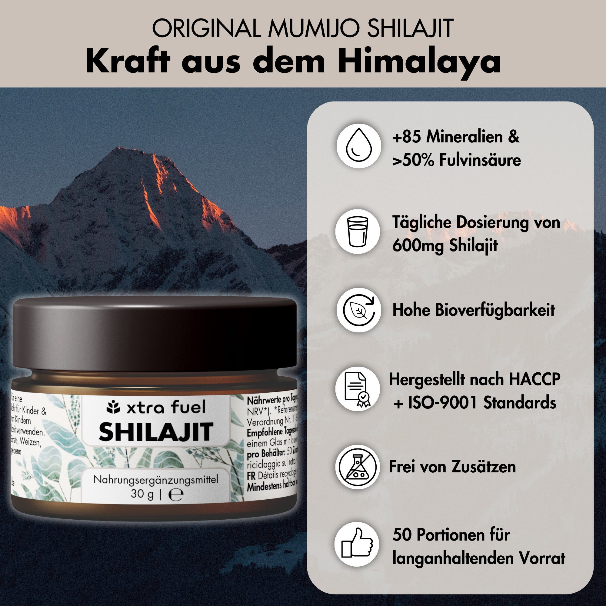 XTRA FUEL Mumijo Shilajit Harz hochdosiert, +85 Mineralien, zertifiziert, vegan Harz, 30 g