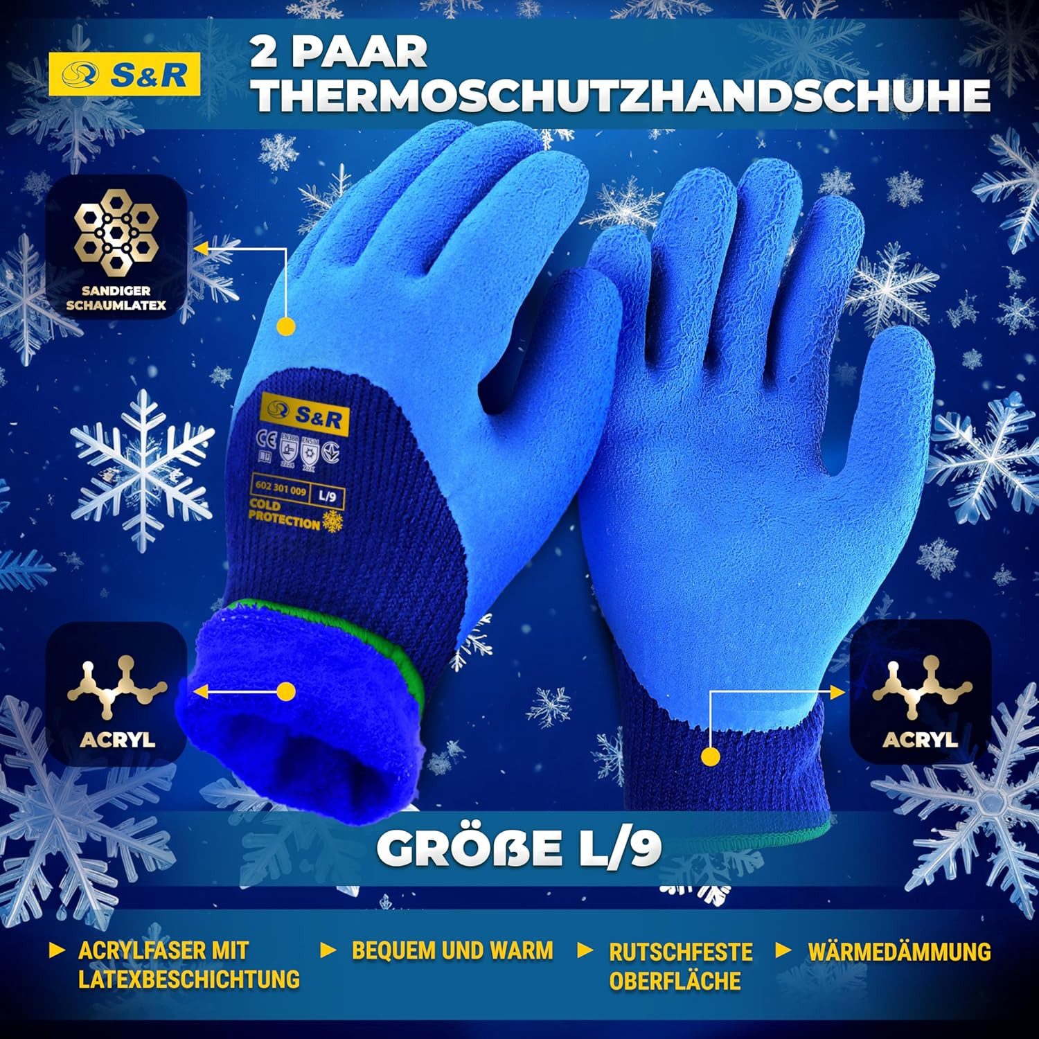 S&R Arbeitshandschuhe PROFI Wärme-Arbeitshandschuhe, 3/4 Anti-Rutsch Latexbeschichtung (Set, 4-St., 2 Paar XL / 10) gefütterte Thermo-Schutzhandschuhe für Industrie, Lagerwesen, KFZ