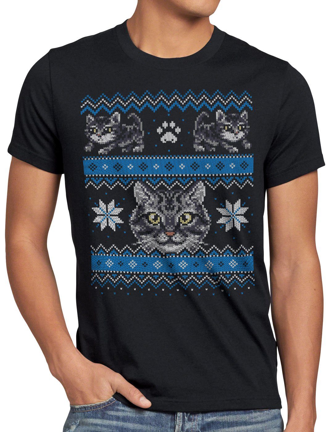 style3 Print-Shirt Herren T-Shirt Kitten Christmas Jumper kater samtpfote x-mas pulli weihnachtsbaum