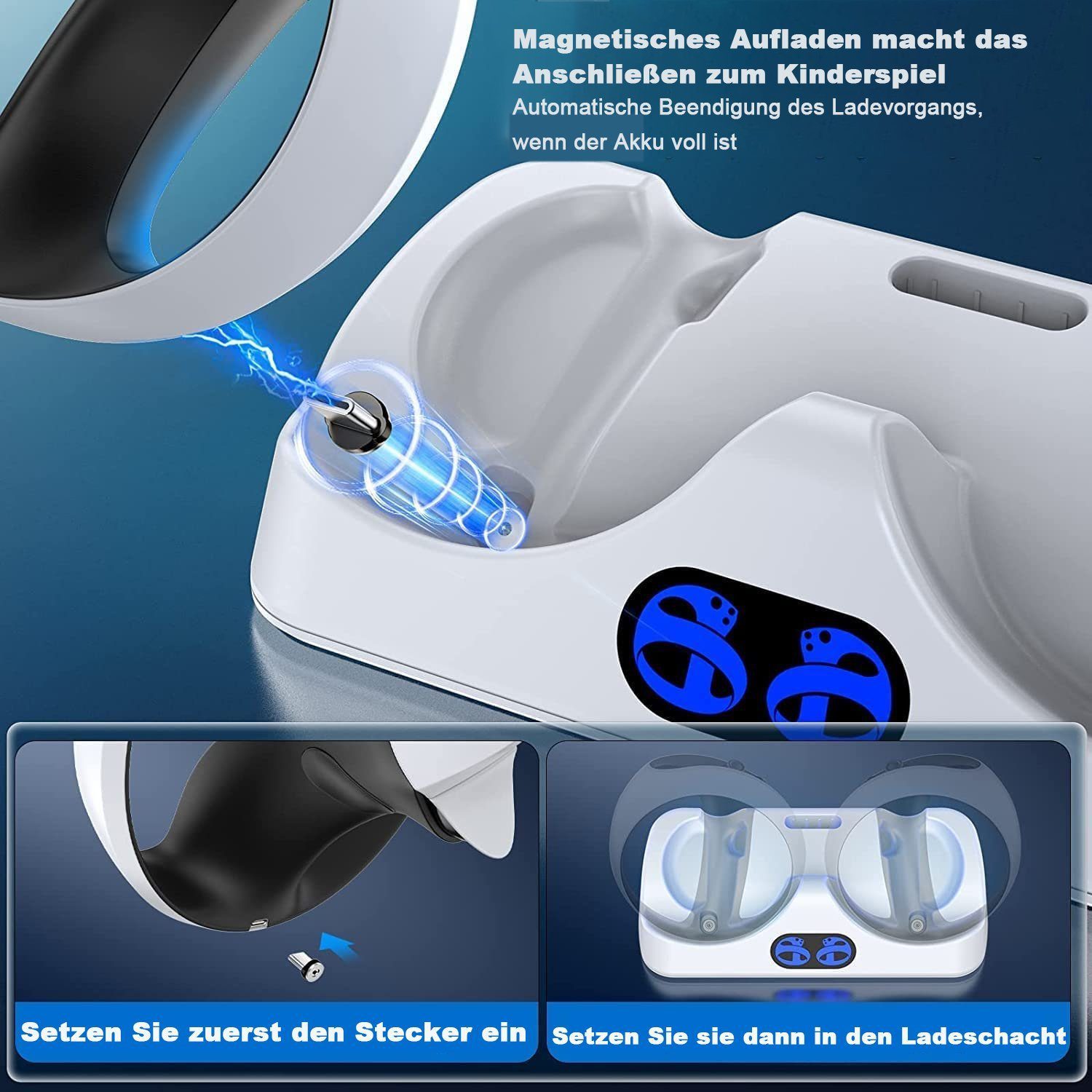 feinlux Ladestation für PS VR2 Controller Ladeschale (2000 mA, Set, PS VR2 Ladestation Ladestation, mit Headset Ständer, mit LED Licht, Typ C Kabel) – Bild 5 von 5