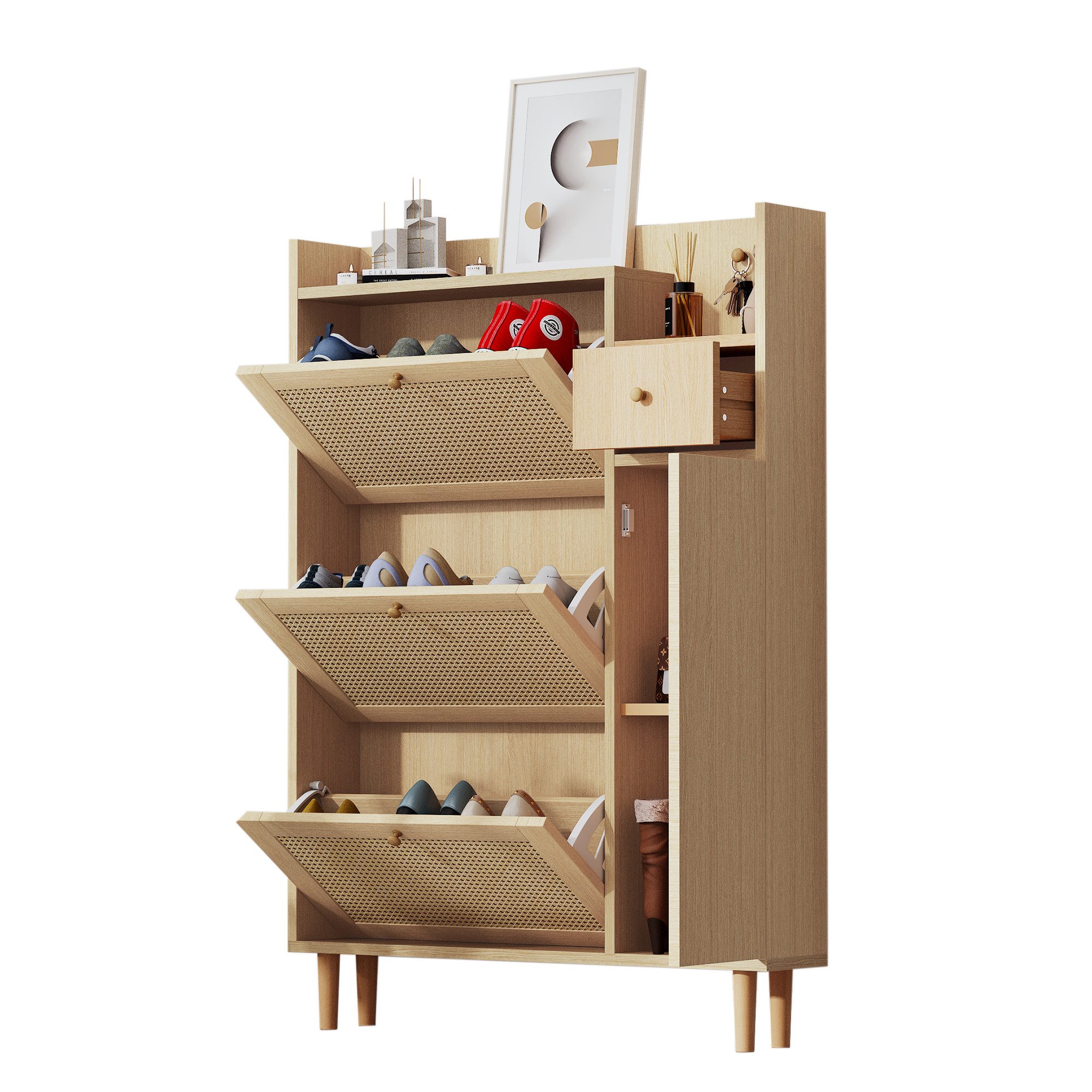 Refined Living Schuhschrank Holzwerkstoff Schuhschrank aus Rattan, mit Schublade Schuhregal (Platzsparender Aufbewahrungsschrank,Sideboard, Maße: B90/H125/T17 cm, mit 3 Kipp-Türen und 1 Schublade, 1-St., mit Massivholzbeinen und Griffen, Hochwertige Mater