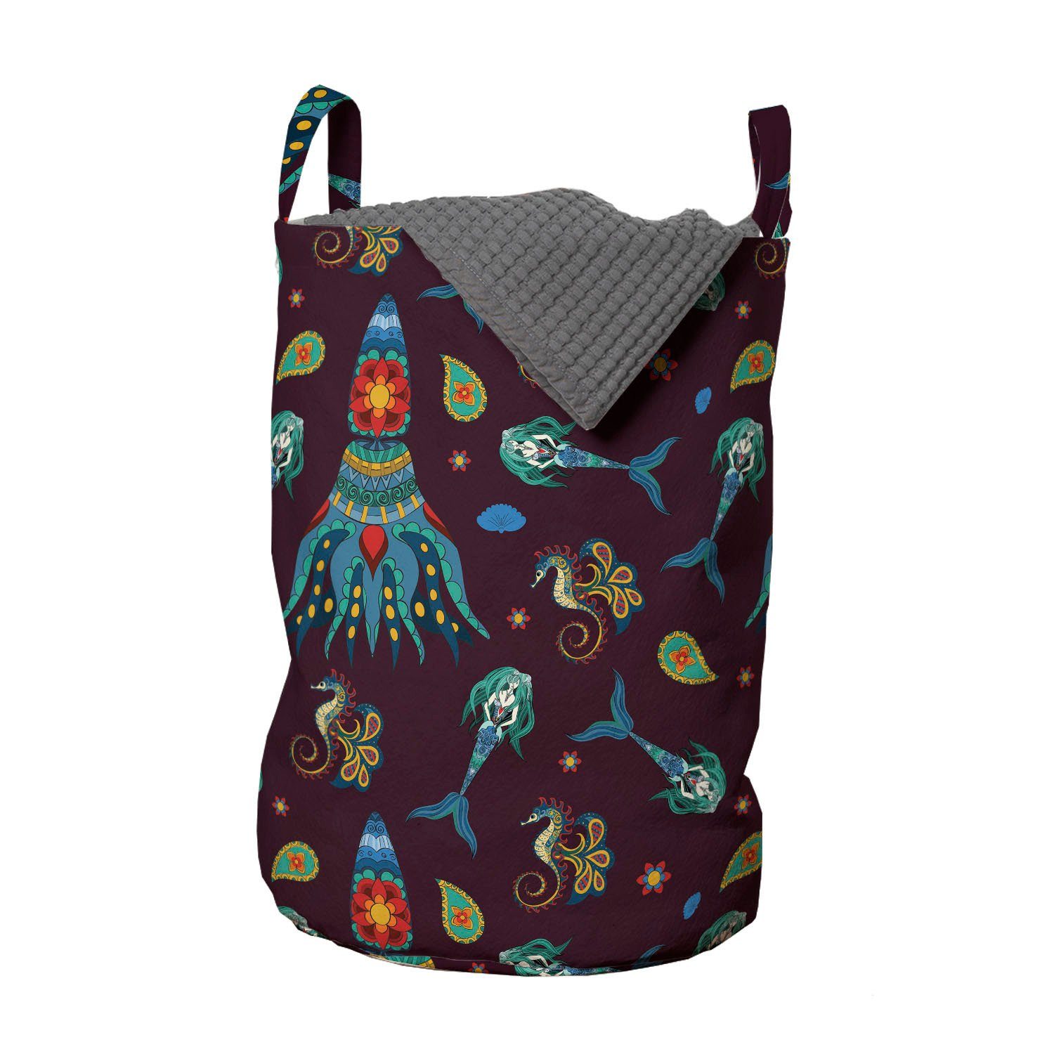 Abakuhaus Wäschesäckchen Wäschekorb mit Griffen Kordelzugverschluss für Waschsalons, Tintenfisch Mermaid Stil | Wäschesäcke