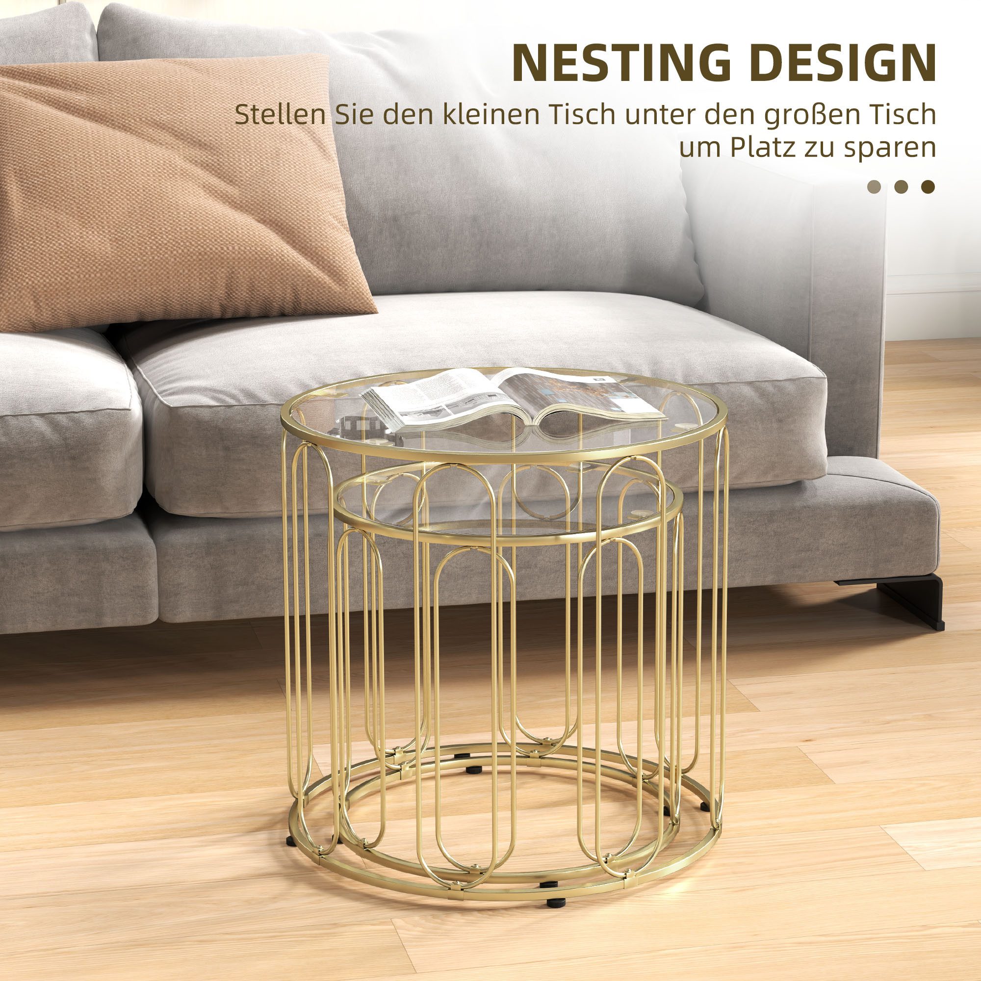 HOMCOM Couchtisch Beistelltisch Set Sofatisch mit geometrischem Metallrahmen, Glasplatte (Wohnzimmertisch, 2-St., Kaffeetisch), für Wohnzimmer, Gold – Bild 4 von 5