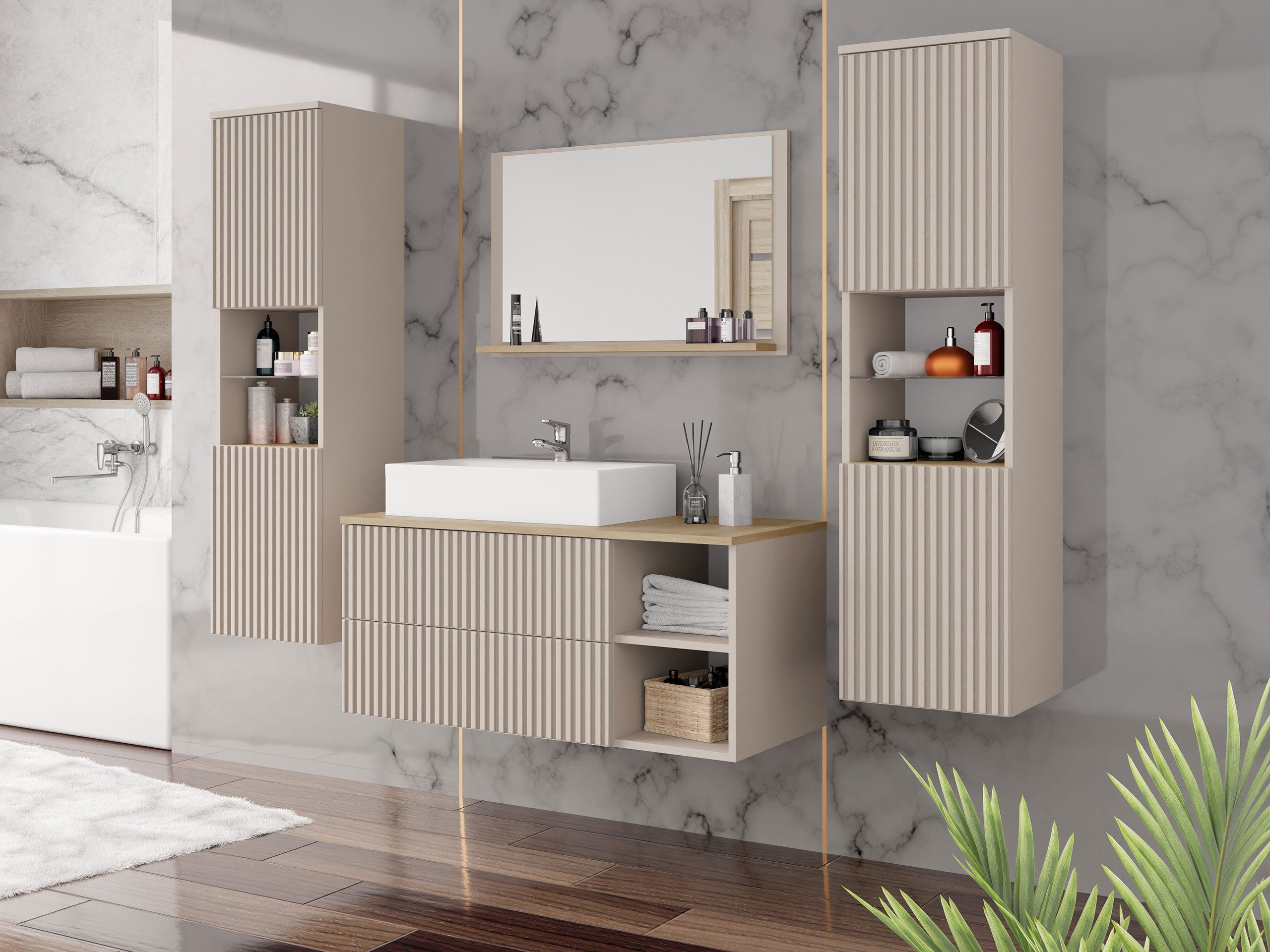 MIRJAN24 Badmöbel-Set Kertos Rillen III, (5er-Set, Spiegel, Waschbeckenschr günstig online kaufen