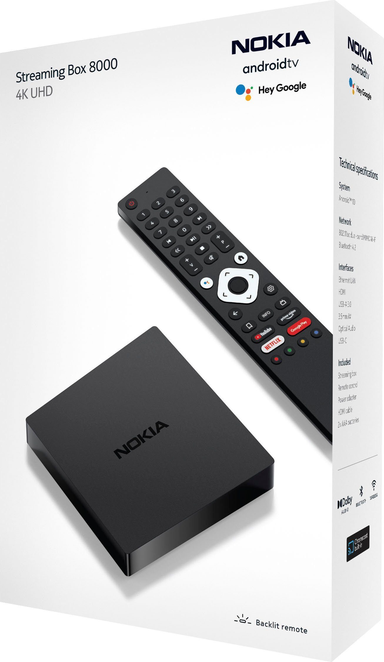 Chromecast, Prime Box TV Fernbedienung Google Android HDMI, beleuchtete TV 4K Player, Netflix, (Kompatibel Android UHD, 12 Nokia Disney+, Ultra HD Video, Media Assistant), Streaming-Box mit