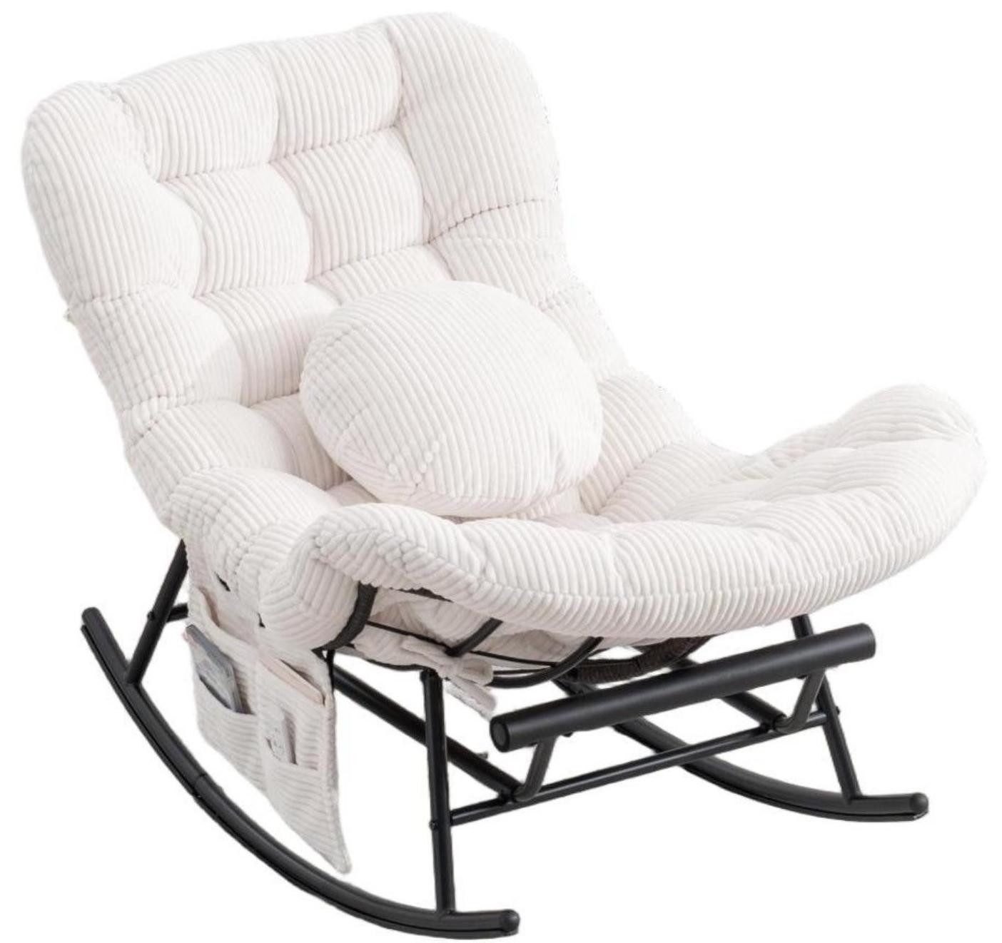 LVHOM Schaukelstuhl mit ausziehbarer Fußstütze, gepolstertem Kissen, Metallgestell (Armlehnenloses Monddesign, Seitentaschen,ein rundes Zierkissen, ergonomisches Design, Sitzmöbel/Liegeschaukel/Relaxsessel/Wohnaccessoire, 120kg Tragfähigkeit), Ideal für Wohnzimmer, Schlafzimmer, Spielzimmer, Arbeitszimmer, Garten