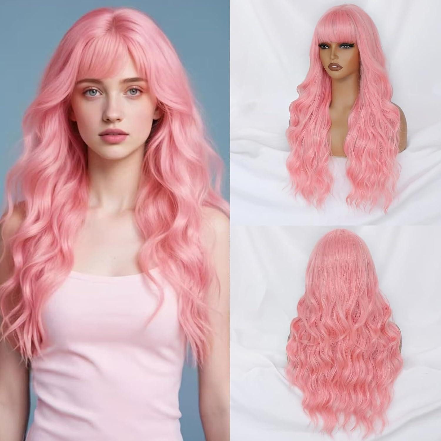 LuxusKollektion Kunsthaarperücke Perücke Rosa Pony Lockig Kunsthaar Halloween 61cm F-Rosa