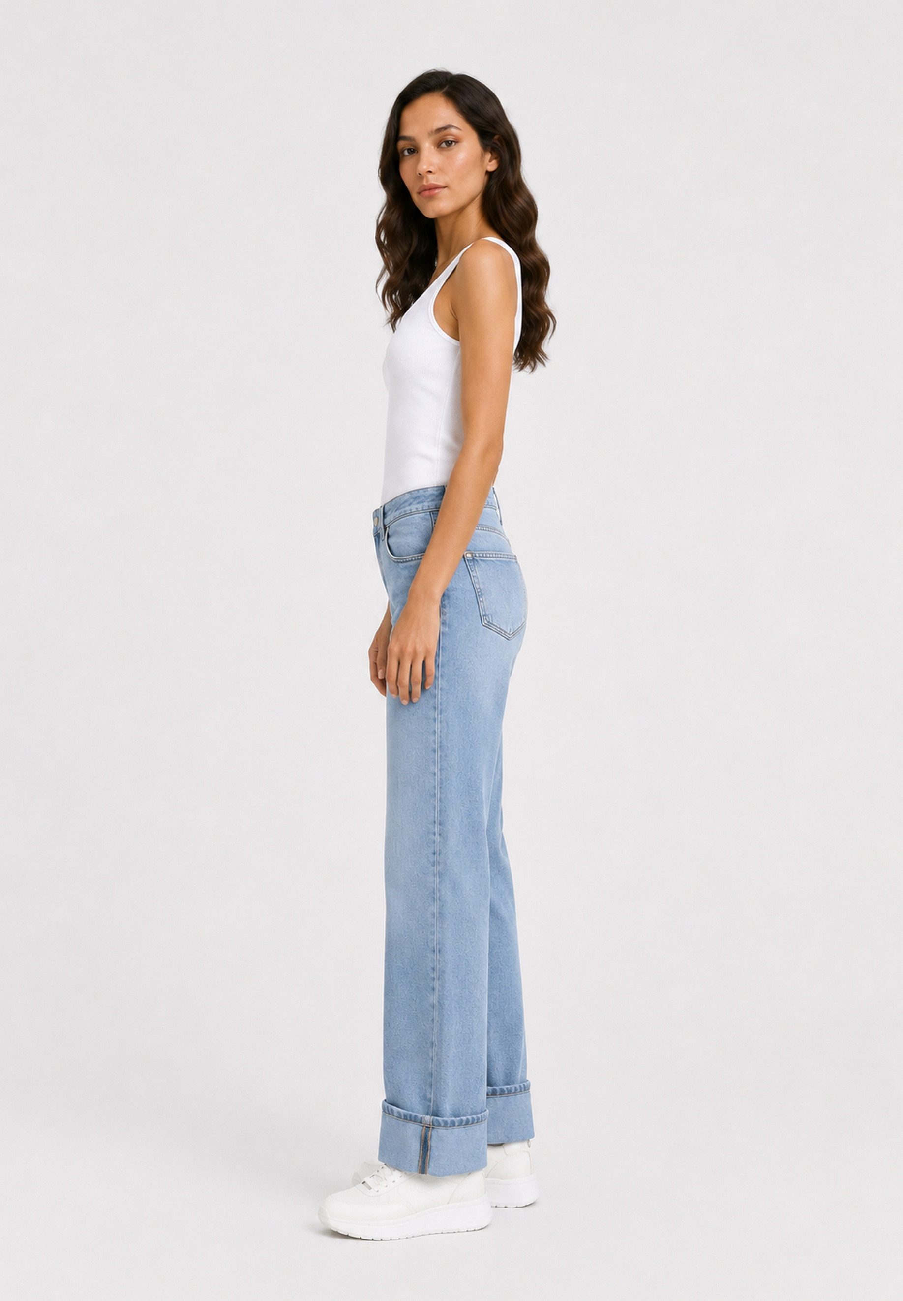 GIRL VIVI Slim-fit-Jeans Damen Straight Leg Jeans mit breitem Umschlag und High-Waist-Schnitt