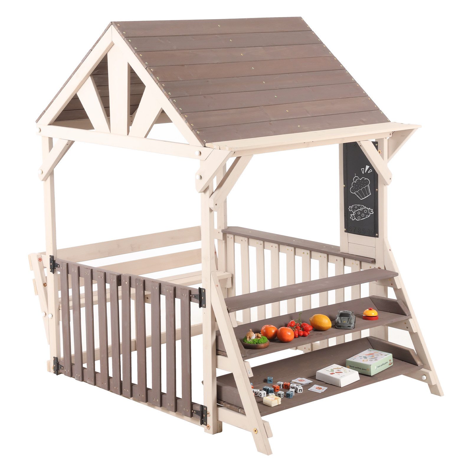 ibettertec Spielhaus Hausförmiges Outdoor-Küchenspielset aus Holz mit regensicherem Dach, Dach und halbhohen Geländern Outdoor-Spielhaus für Kinder ab 3 Jahren