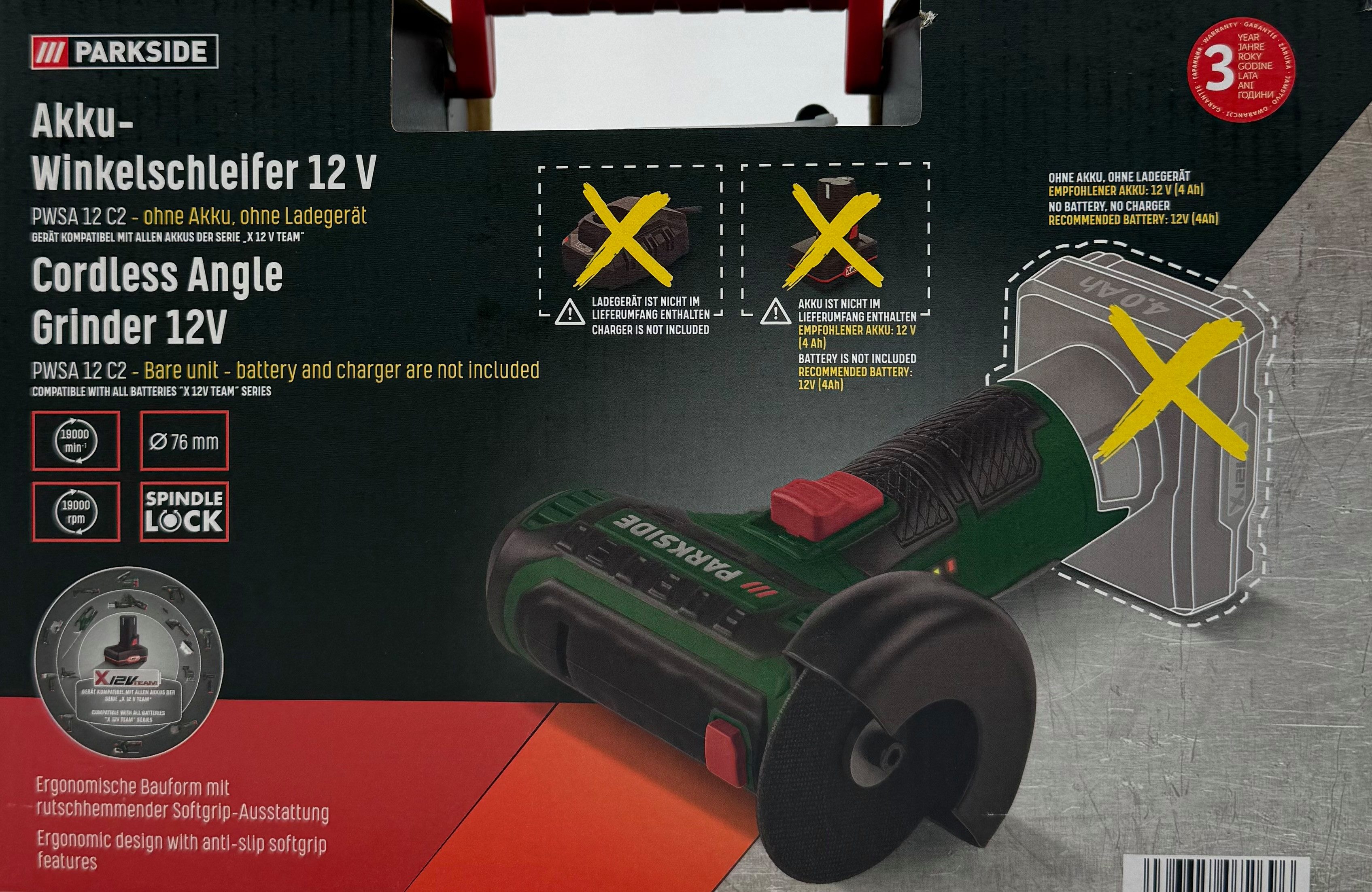 Parkside Akku-Winkelschleifer 12V PWSA 12 C2, ohne Akku und Ladegerät, Ø 76 mm