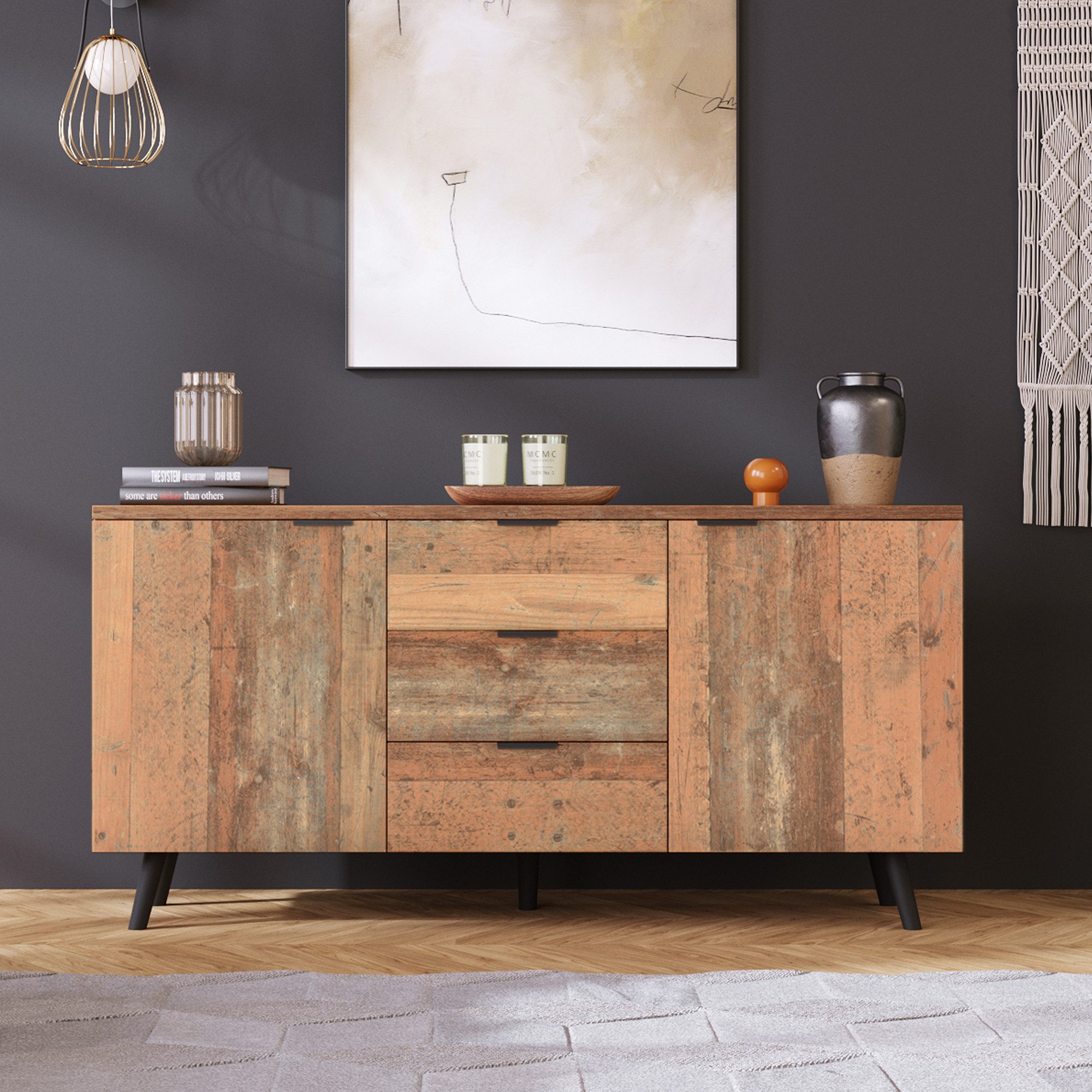 Fanttik Sideboard TV-Schrank mit verstellbaren Regalen, Aufbewahrungsschrank 140cm, vertikaler Schrank, drei Schubladen, Kommode für Wohnzimmer, Esszimmer