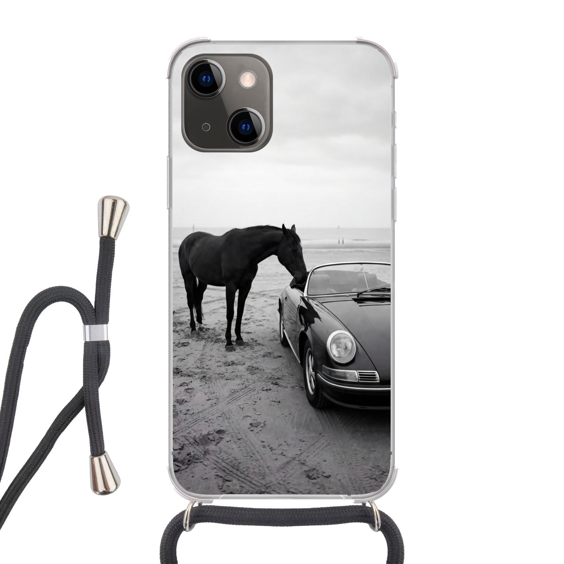 MuchoWow Handyhülle für Apple iPhone 13 Mini Pferd - Auto - Schwarz - Weiß, Tragbare Handyhüllen mit Kette zum umhängen, Handykette Handyband