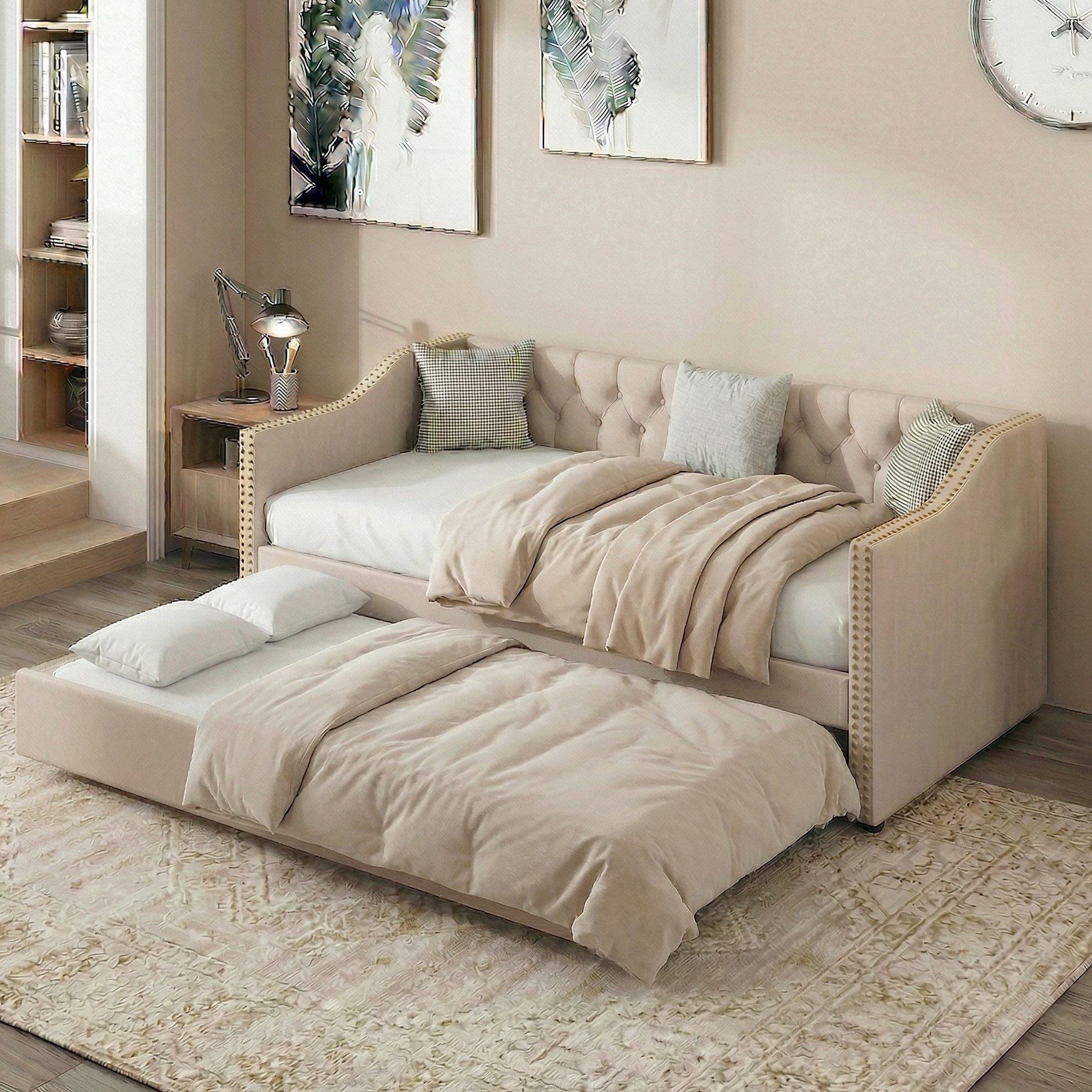 Furnishings Home Polsterbett Daybett Tagesbett Ausziehbett (1 tlg), Schlafsofa, Mit Unterbett, Zwei 90x200 cm Liegefläche, Leinen