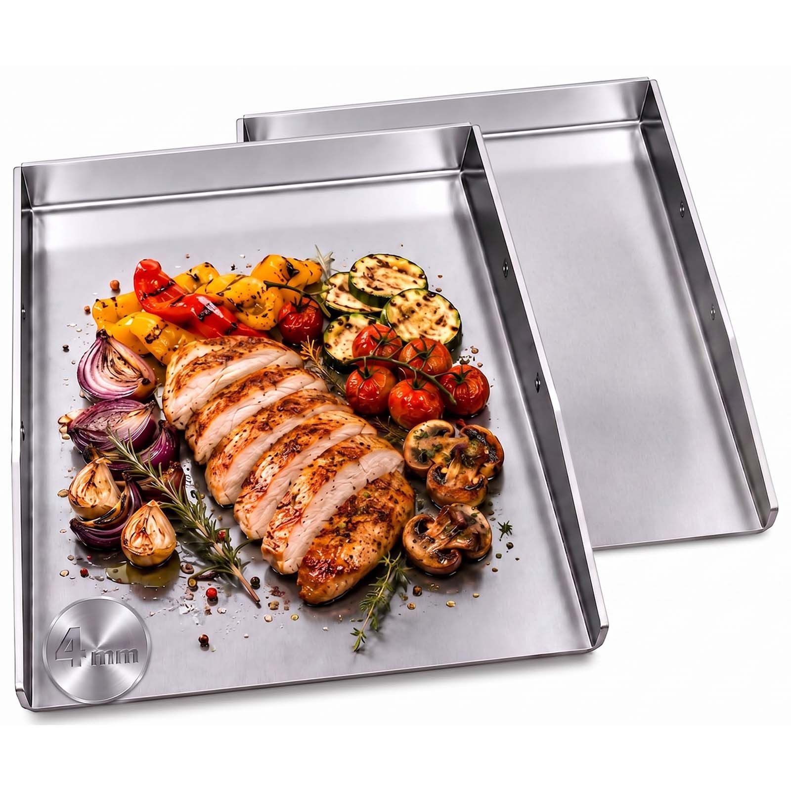 BURI Grillplatte 2er Plancha Grillplatte 40x30cm Edelstahl 4mm offen mit 4cm hohem Rand