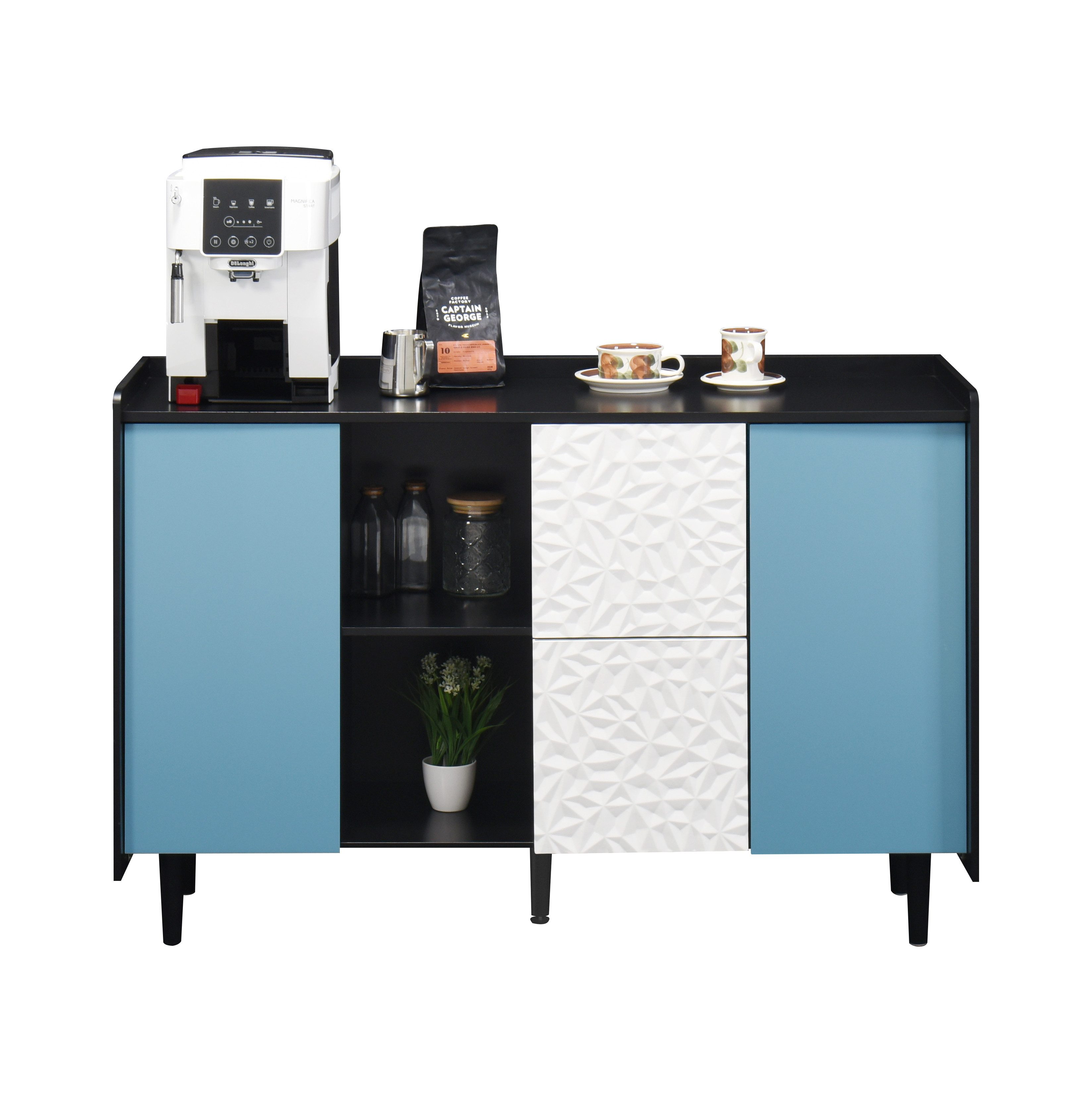 EXTSUD Sideboard Sideboard 120 cm – Schwarz, 2 Schubladen & Schrank