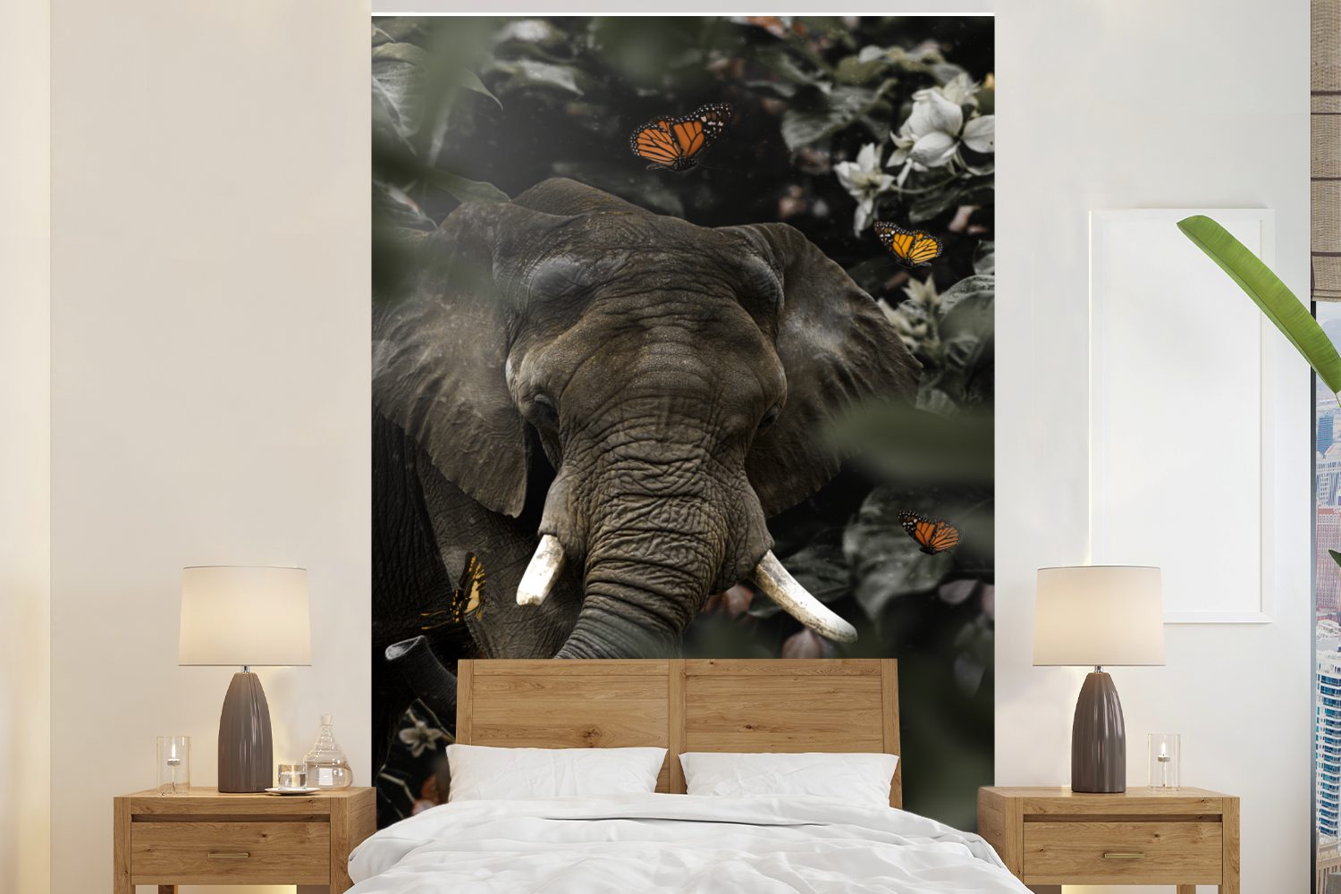MuchoWow Fototapete Elefant - Schmetterling - Dschungel, Matt, bedruckt, (3 St), Montagefertig Vinyl Tapete für Wohnzimmer, Wandtapete
