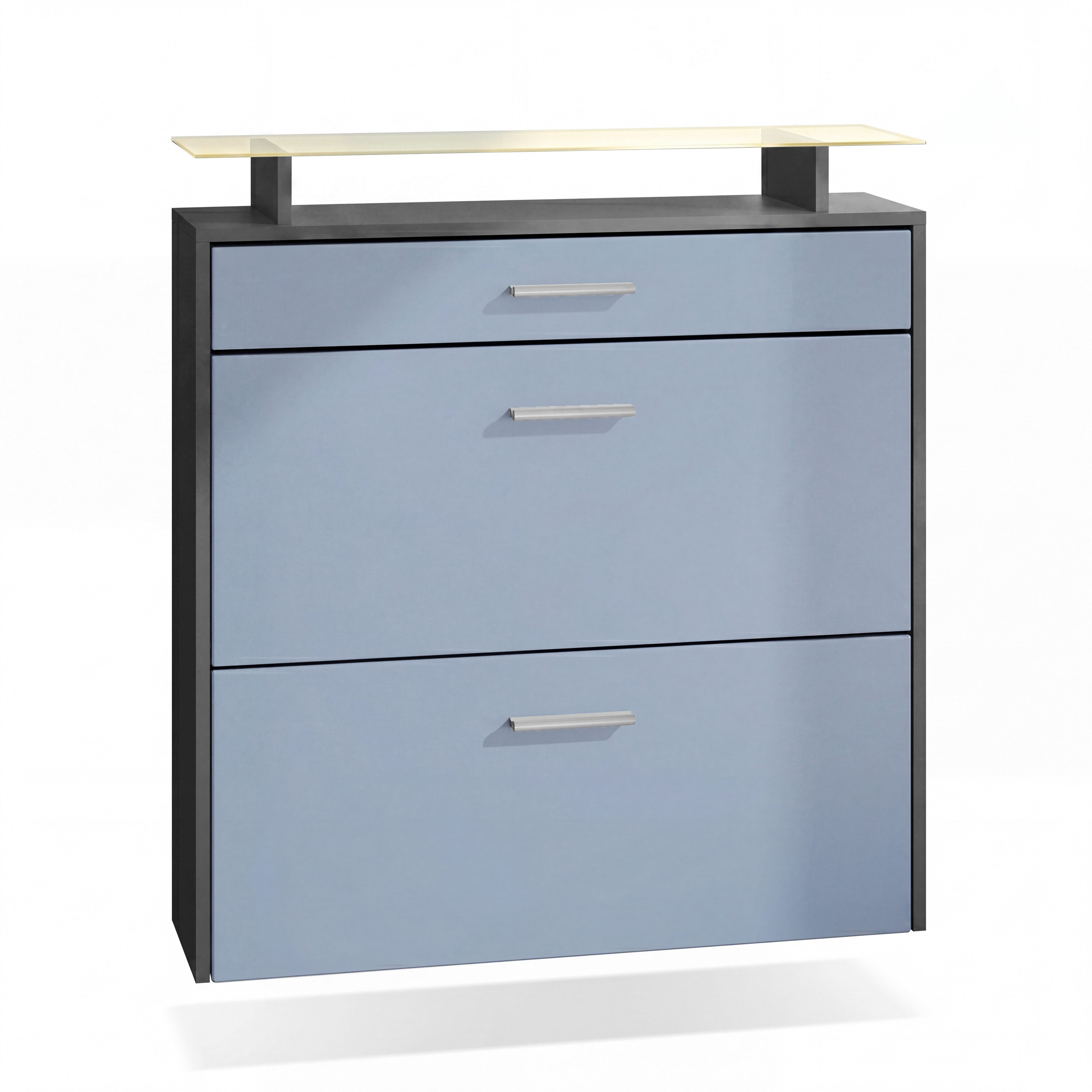 Vladon Schuhschrank Malea (hängender Schuhkipper für 16 Paar Schuhe, mit 2 Klappen und 1 Schublade und Glasablage) Anthrazit matt/Denim matt, inkl. LED-Beleuchtung RGB (89 x 96 x 23 cm)