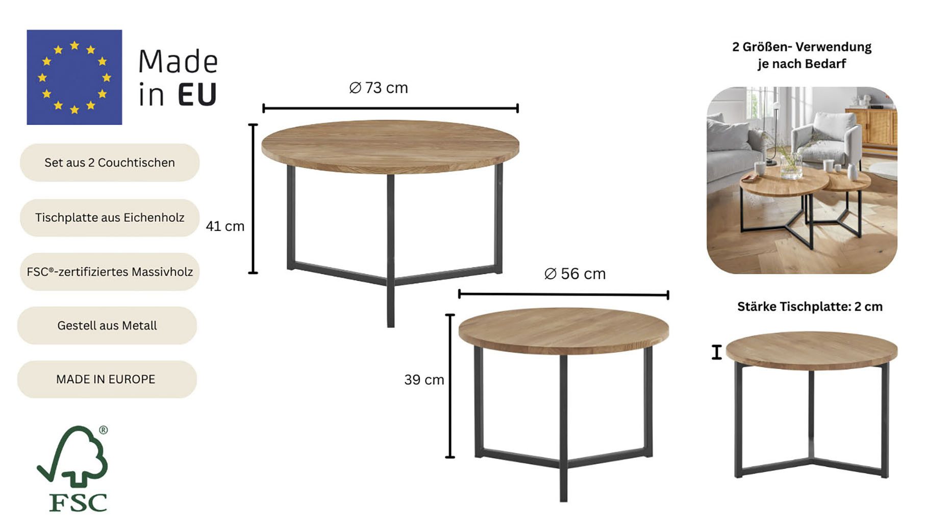 andas Couchtisch Likta (Gesamtmaße 1 D/H: 73/41 & 2 D/H: 56/39 cm), aus Eichenholz, FSC® zertifiziert, 2er-Set, stabiles Metallgestell