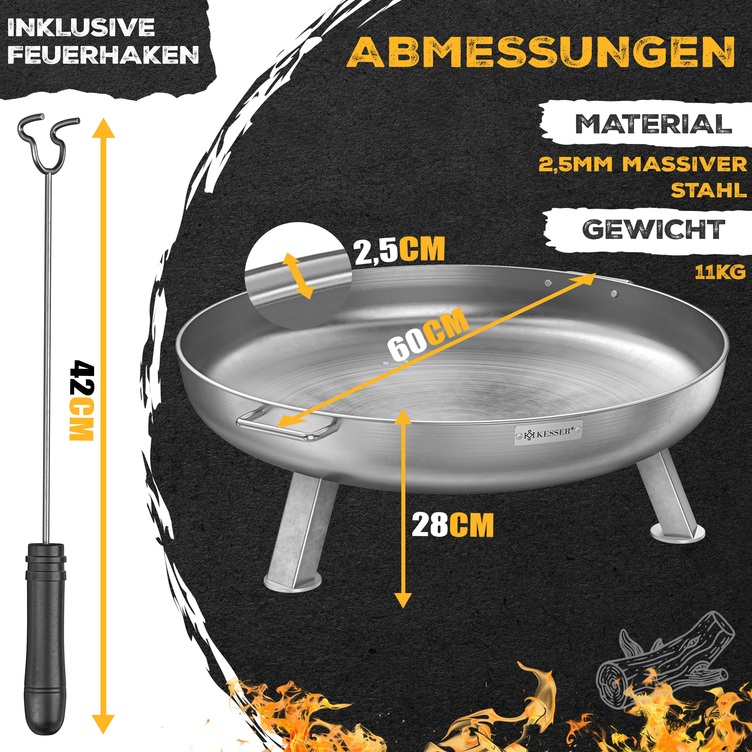 KESSER Feuerschale Feuertonne mit 2,5mm Stahldicke Feuerstelle, (Feuerkorb inklusive Feuerhaken + Wasserablauf), Feuerstelle massives Gusseisen 2 stabile Griffe