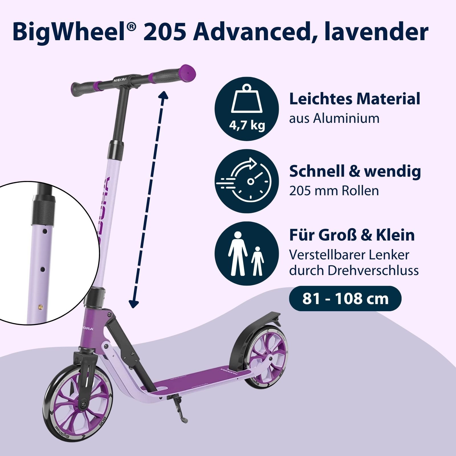 Hudora Cityroller BigWheel® 205 Advanced, Tretroller, (max. 100kg), einklappbarer, höhenverstellbarer Kick-Scooter