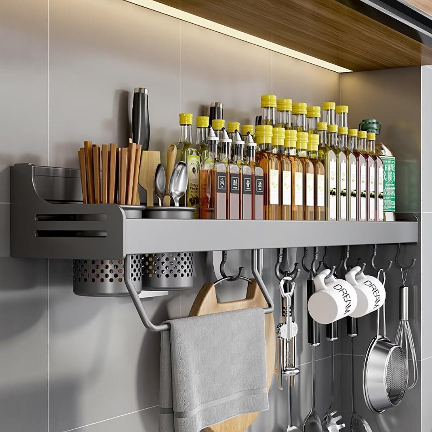 LuxusKollektion Gewürzregal Gewürzregal Wand Hängend 40cm Grau Organizer mit Haken & Hängebecher