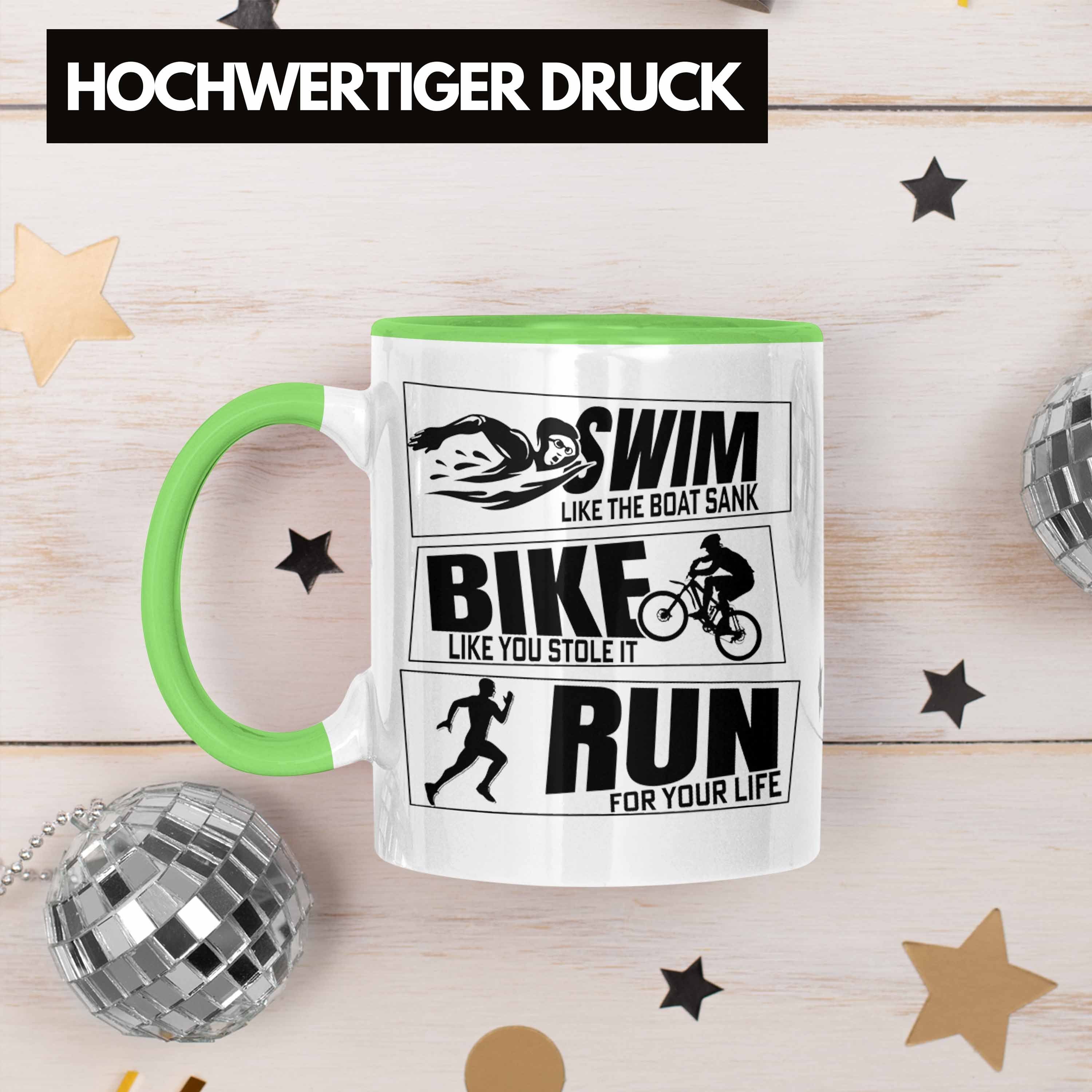 Trendation Tasse Triathlon Tasse Geschenk Spruch Geschenkidee Run Grün Swim Sportl für Bike