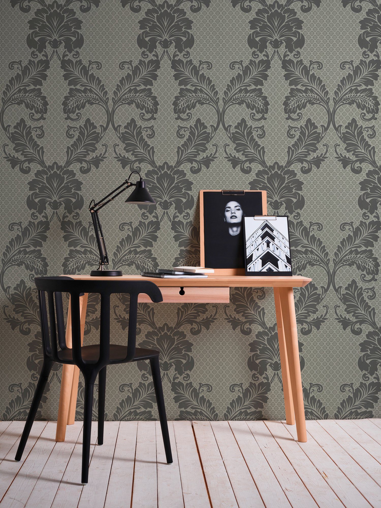 beflockt, Ornament Tapete Barock, Paper Luxury wallpaper, grau/bronzefarben Barock Architects Vliestapete